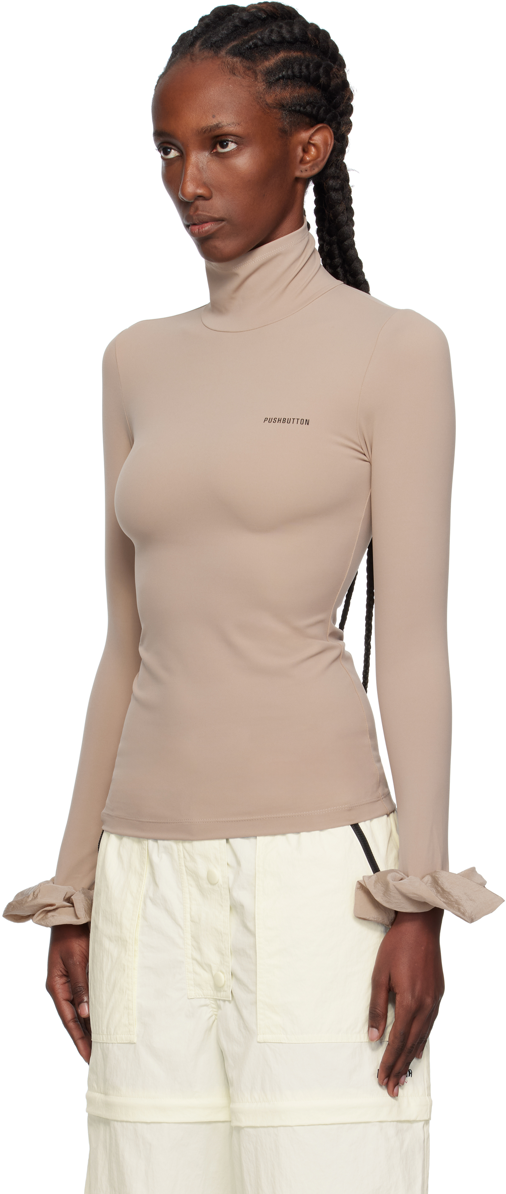 Pushbutton Beige Scrunchie Sleeve Jersey Turtleneck In Neutral