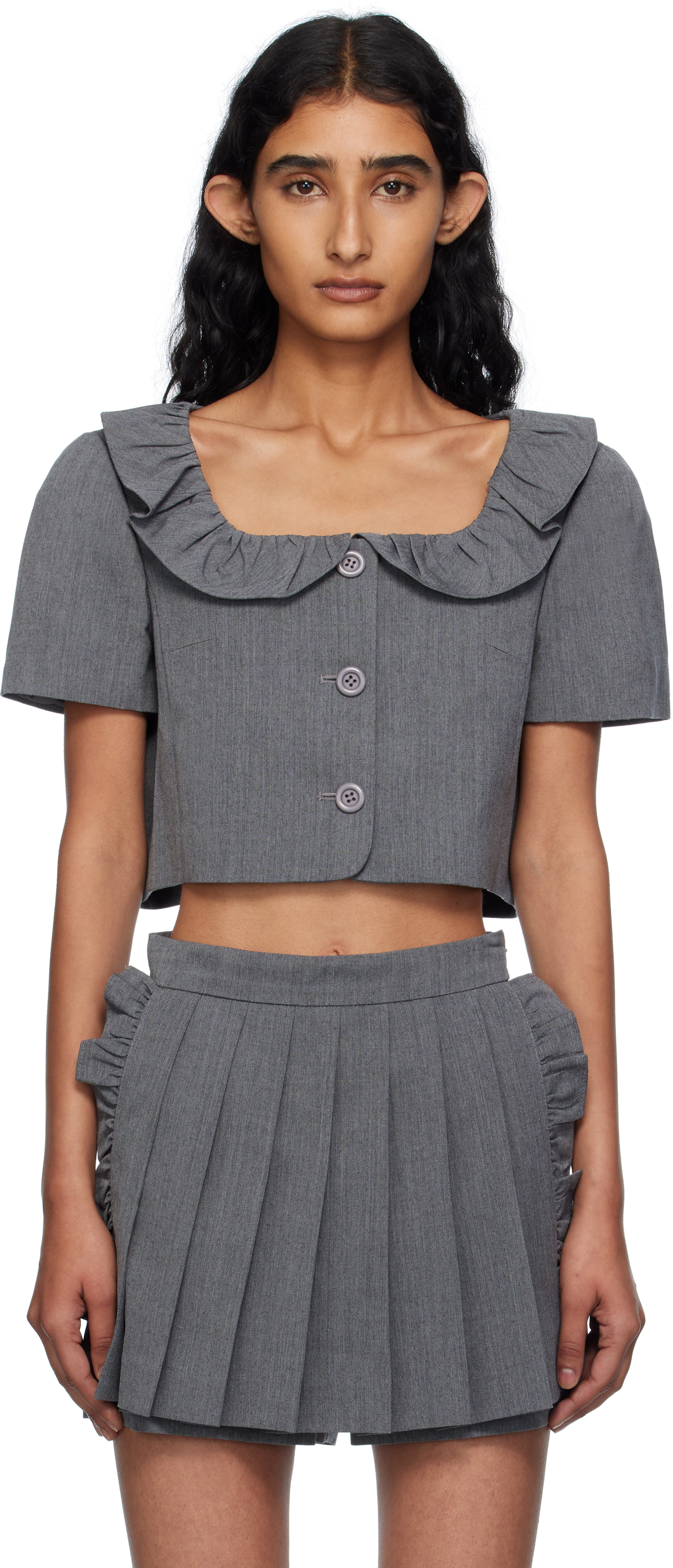 Gray Frilled Neck Cropped Top