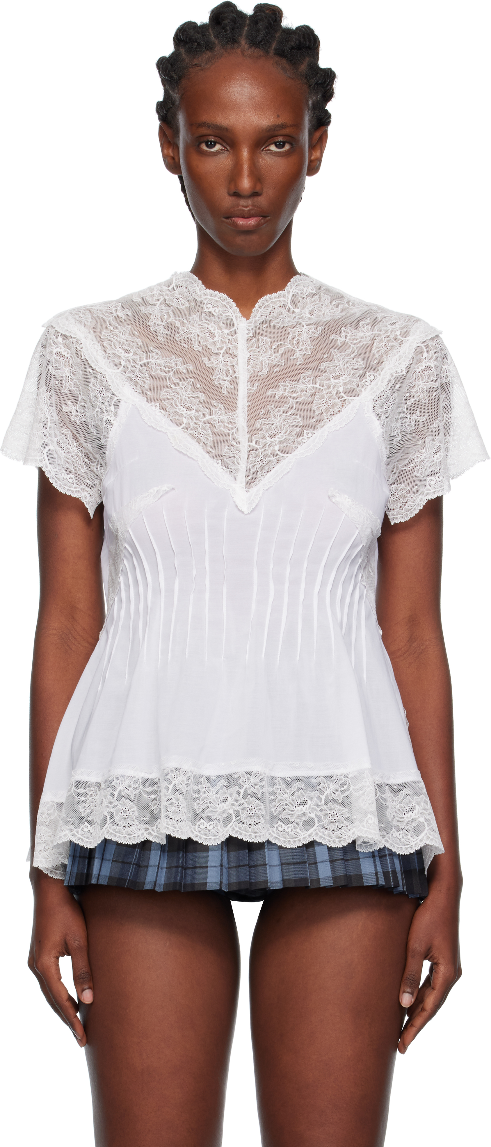 Pushbutton White Lace Trim Darted Top In White