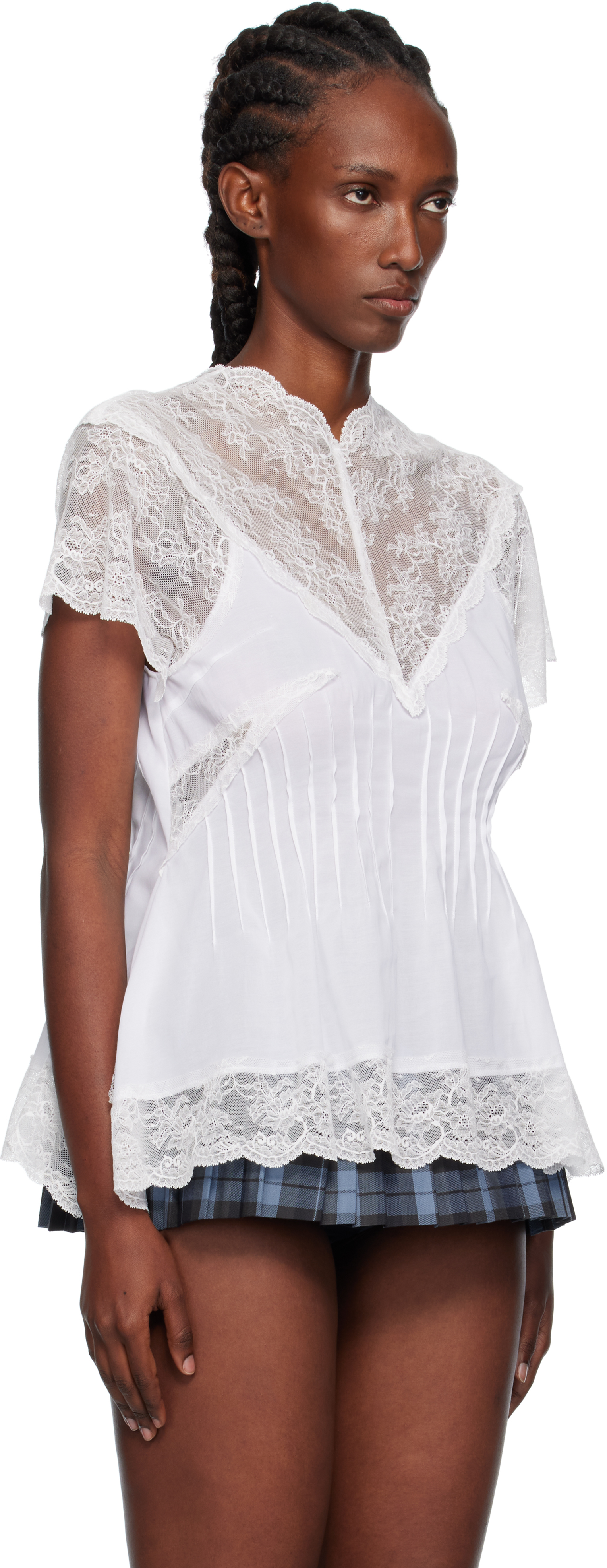 Pushbutton White Lace Trim Darted Top In White