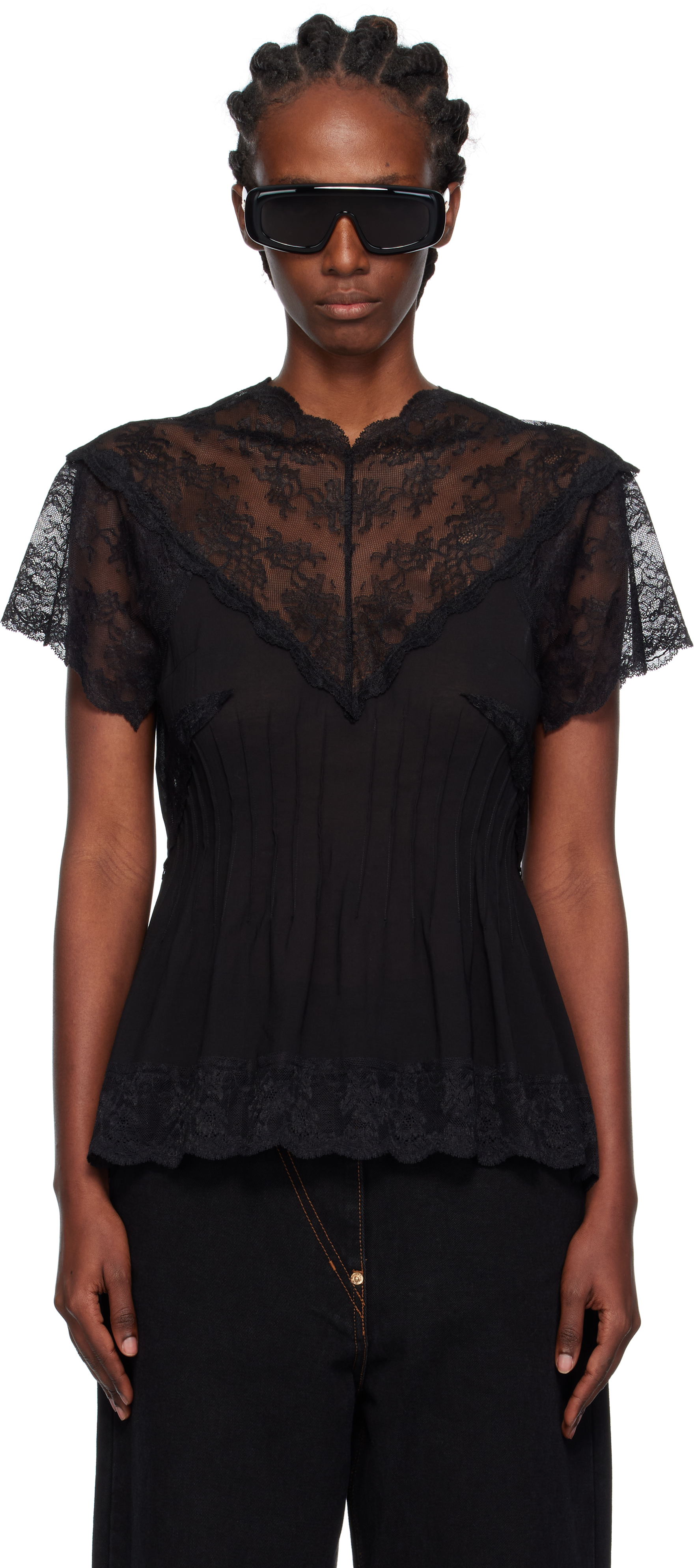 Pushbutton Black Lace Trim Darted Top In Black