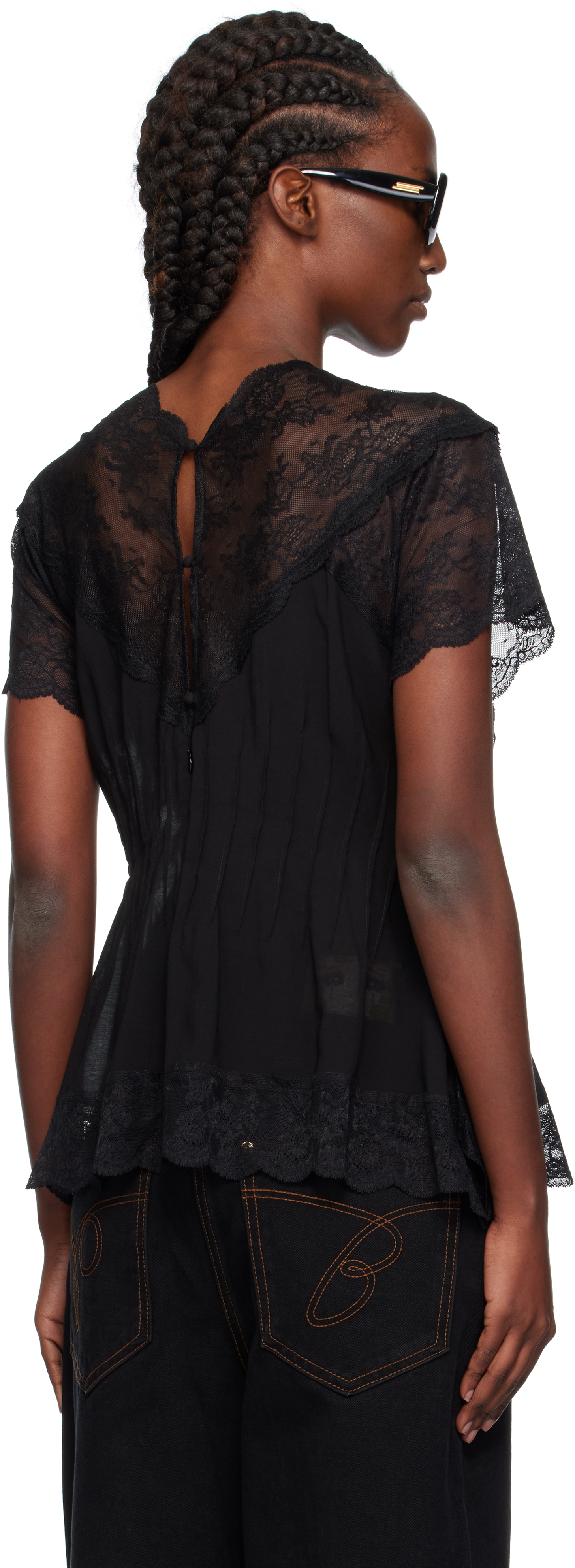 Pushbutton Black Lace Trim Darted Top In Black