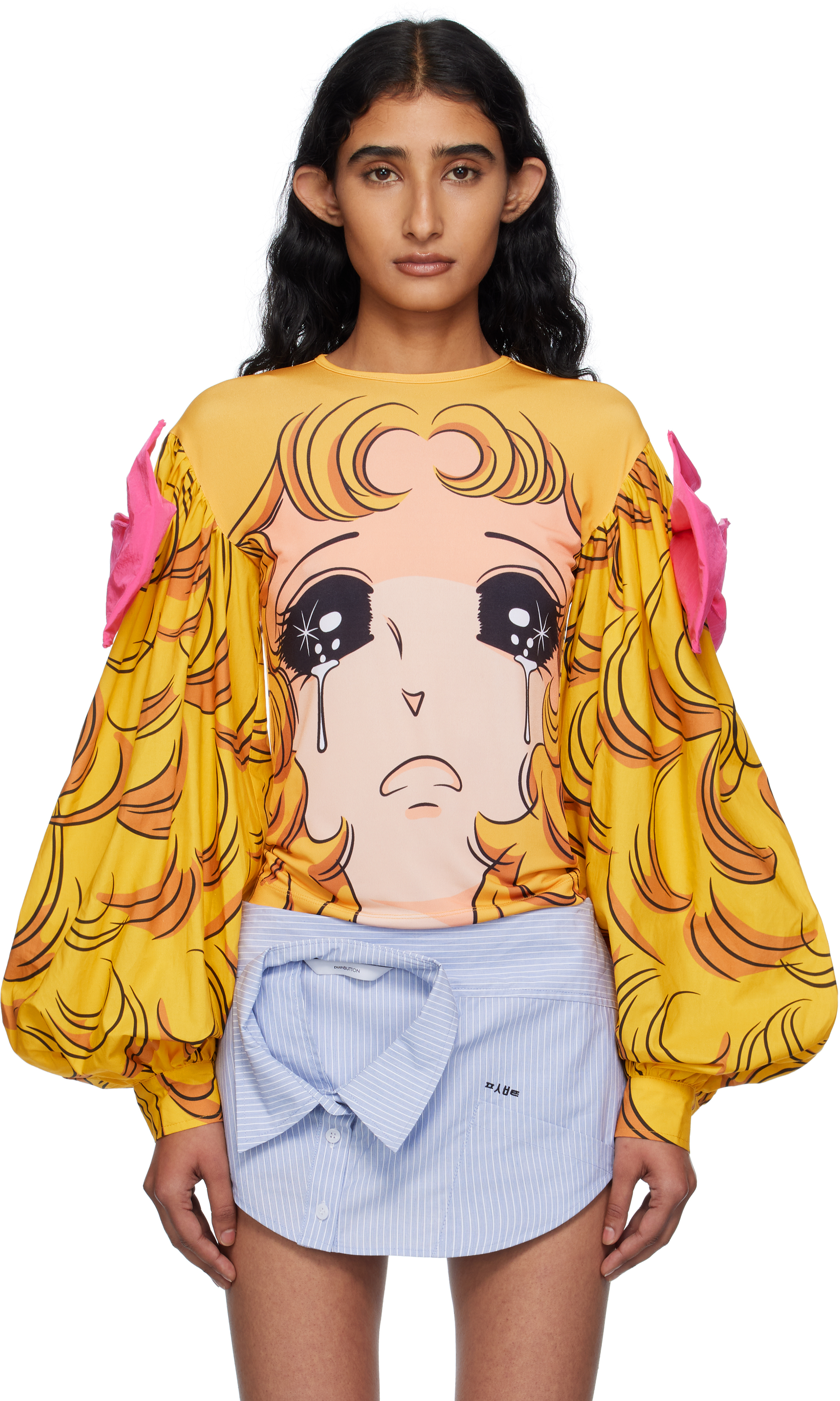 Yellow Crying Girl Puff Sleeve Ribbon T-shirt