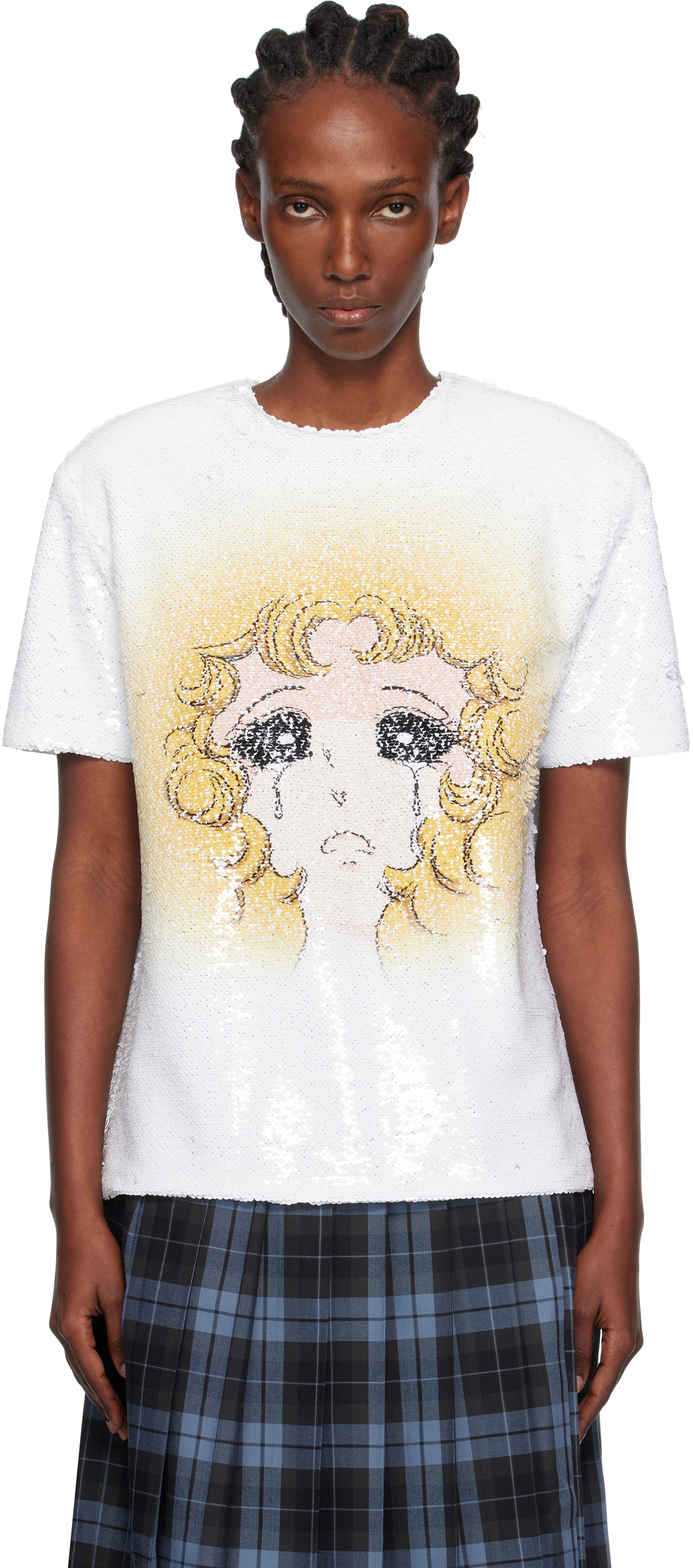 Pushbutton White Crying Girl Sequin T-shirt In White