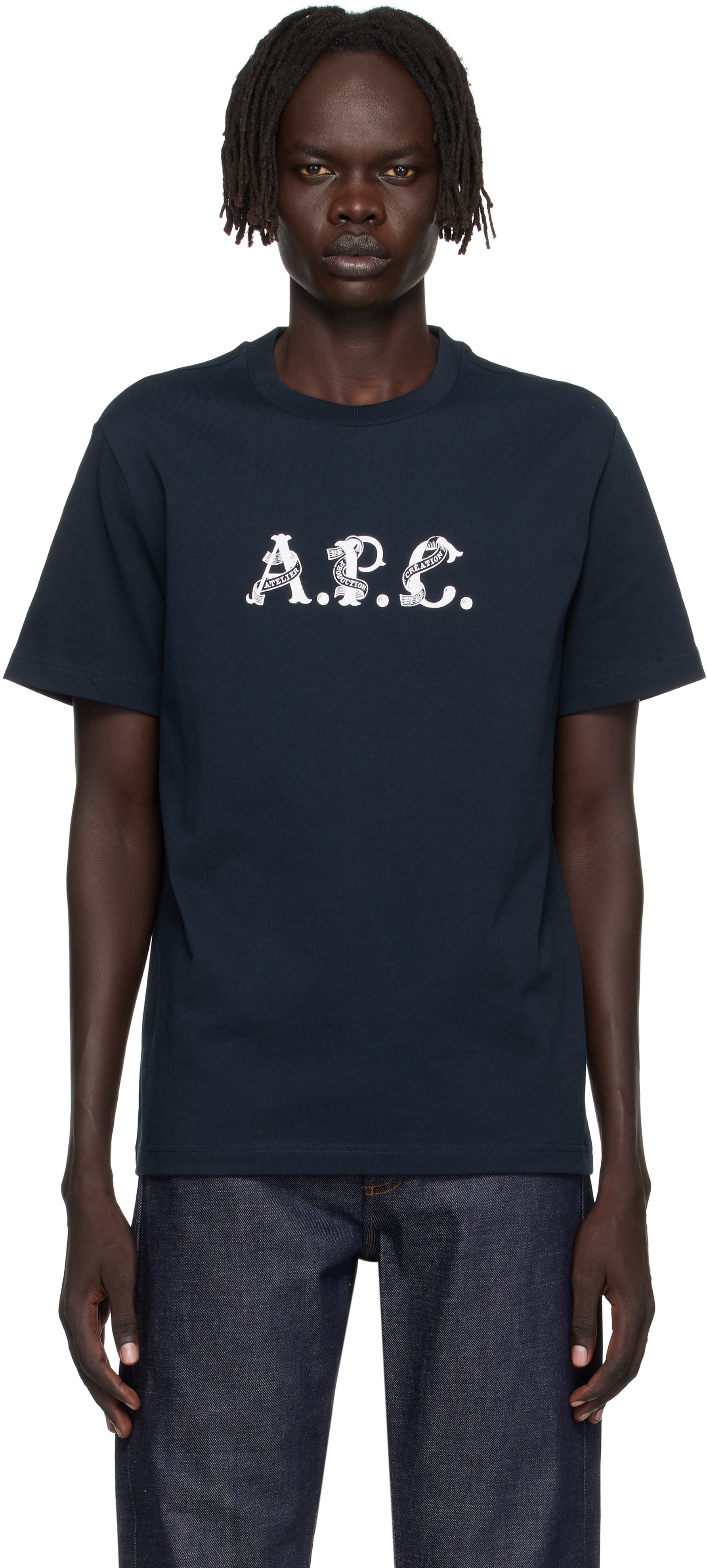 Apc A.p.c. A.p.c. Blue T-shirt With Creative Printed Logo In Black