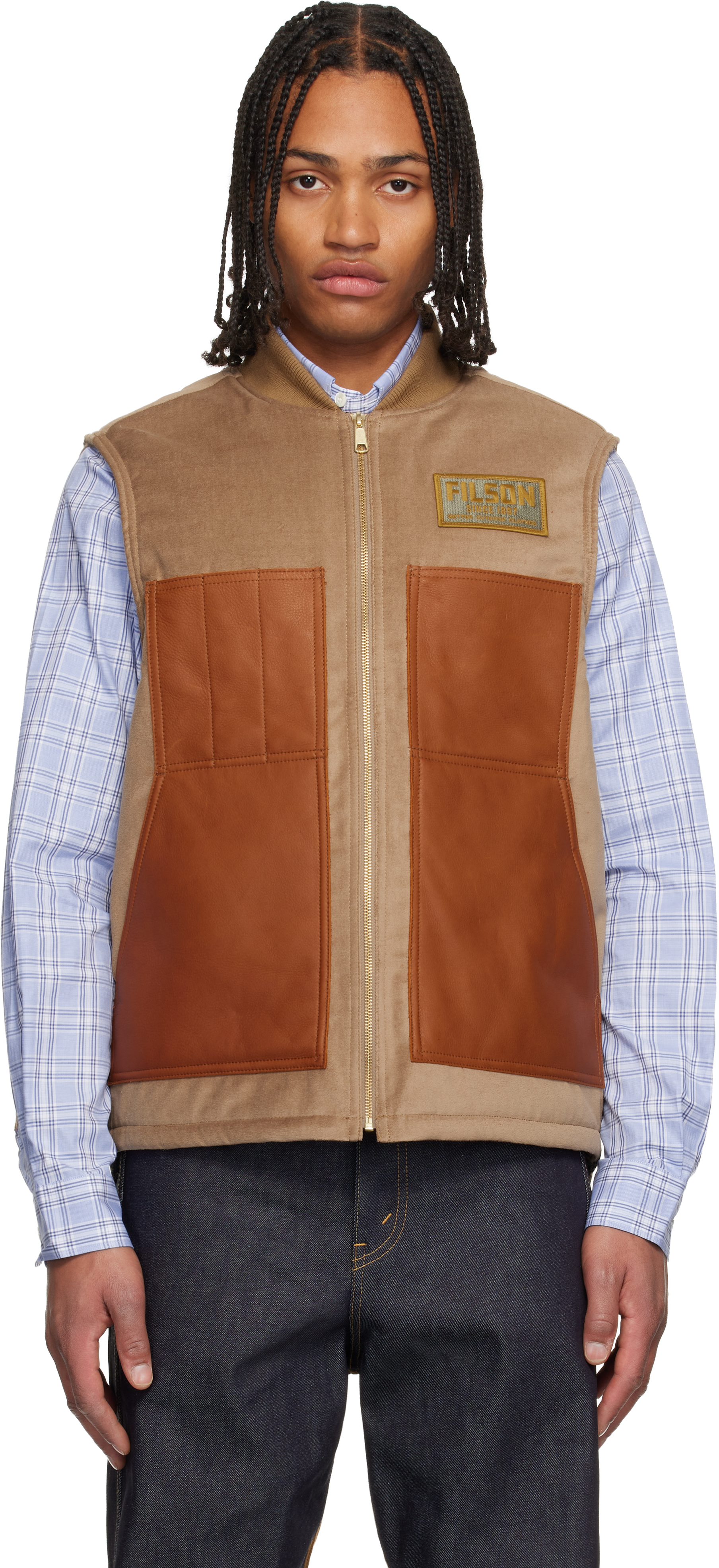Junya Watanabe Sleeveless Jacket With Patch Pockets And Contrast Panels In Brown