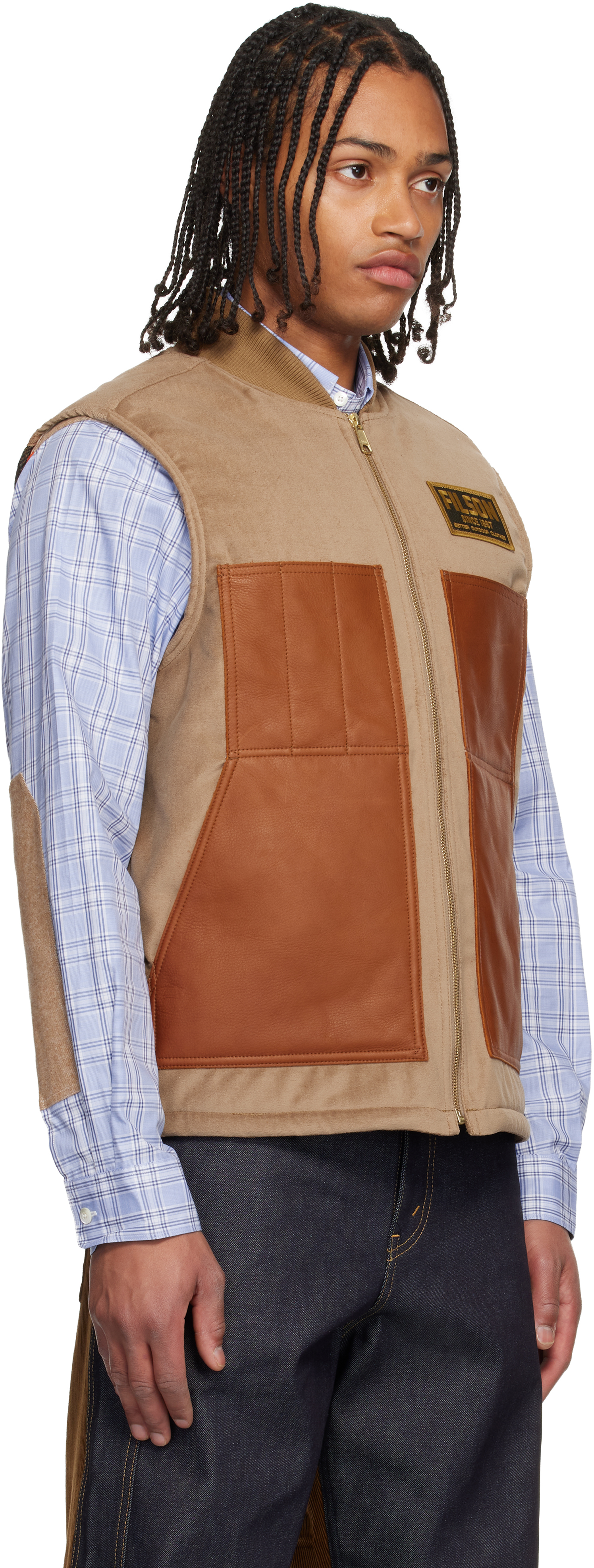Junya Watanabe Sleeveless Jacket With Patch Pockets And Contrast Panels In Brown