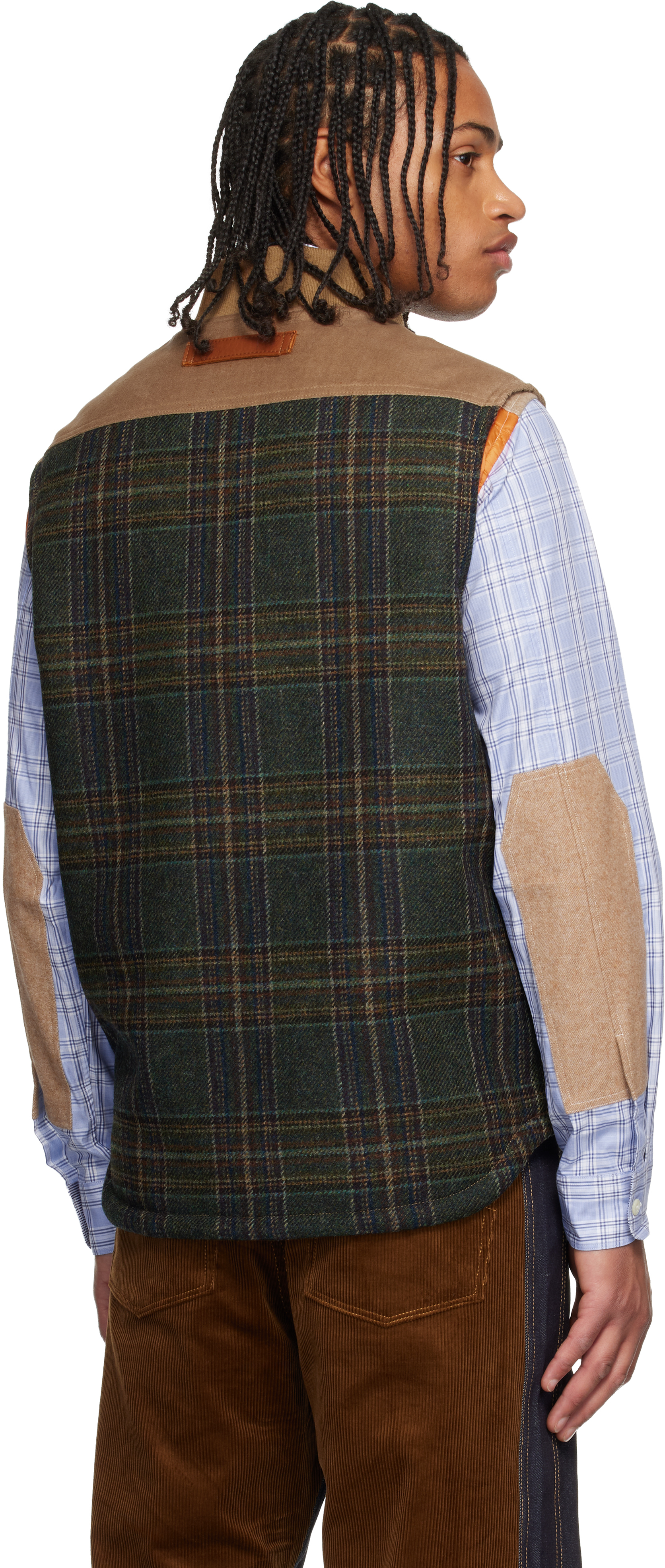 Junya Watanabe Sleeveless Jacket With Patch Pockets And Contrast Panels In Brown