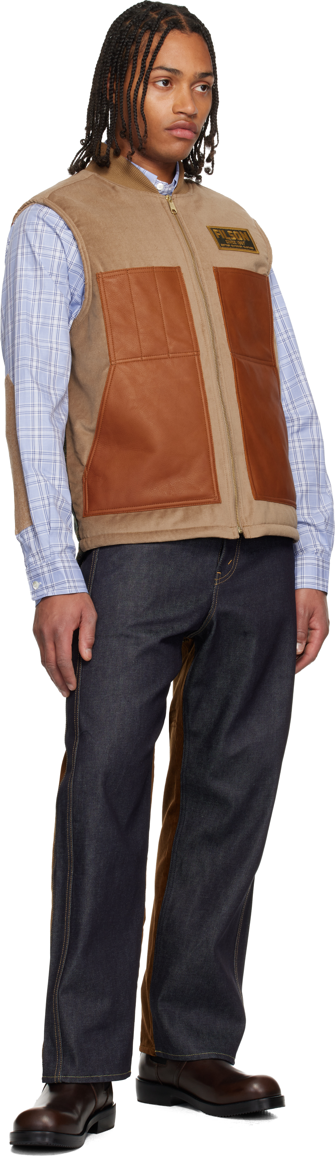 Junya Watanabe Sleeveless Jacket With Patch Pockets And Contrast Panels In Brown