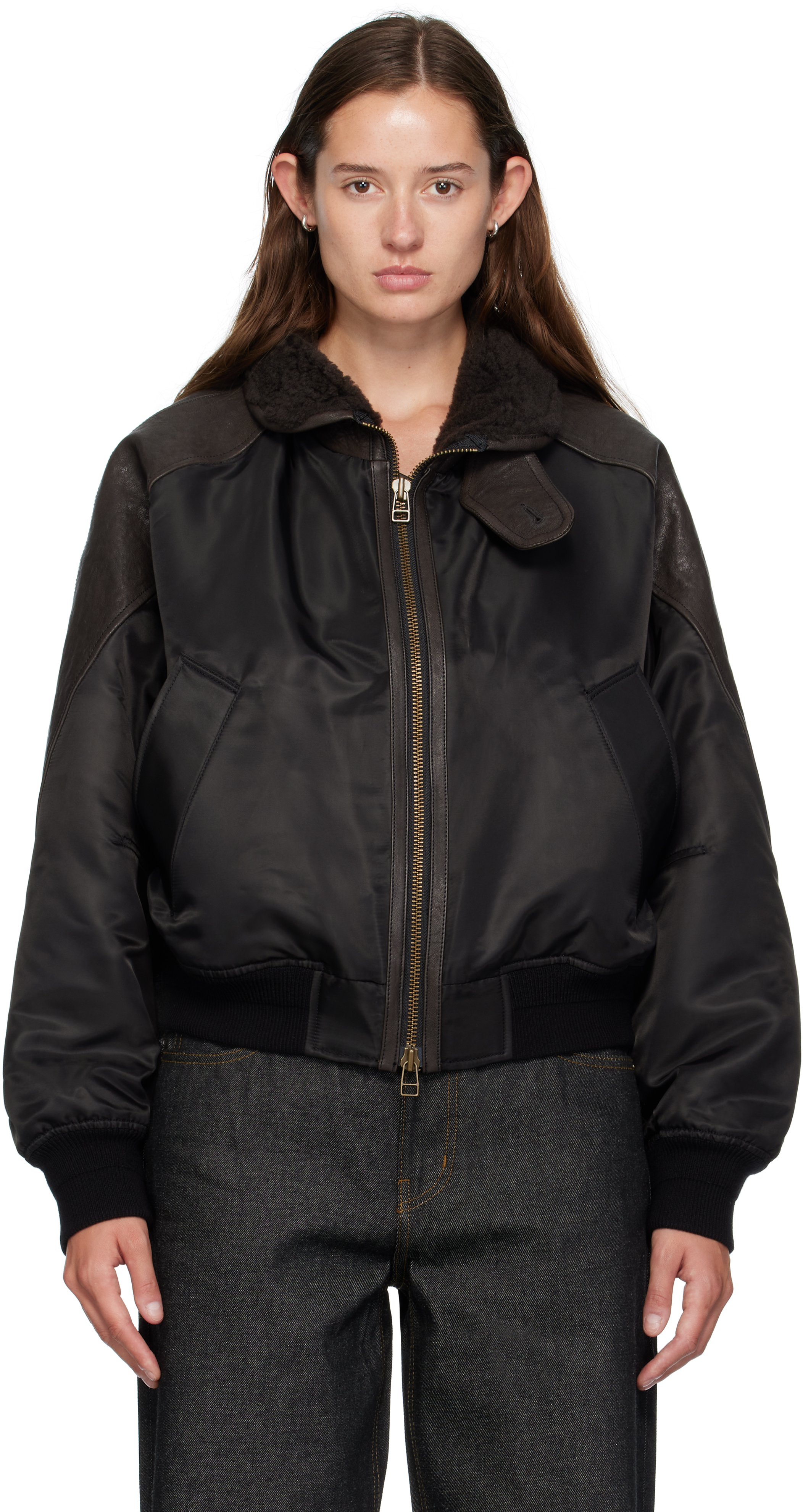 Coor Brown High-neck Bomber Jacket In Black