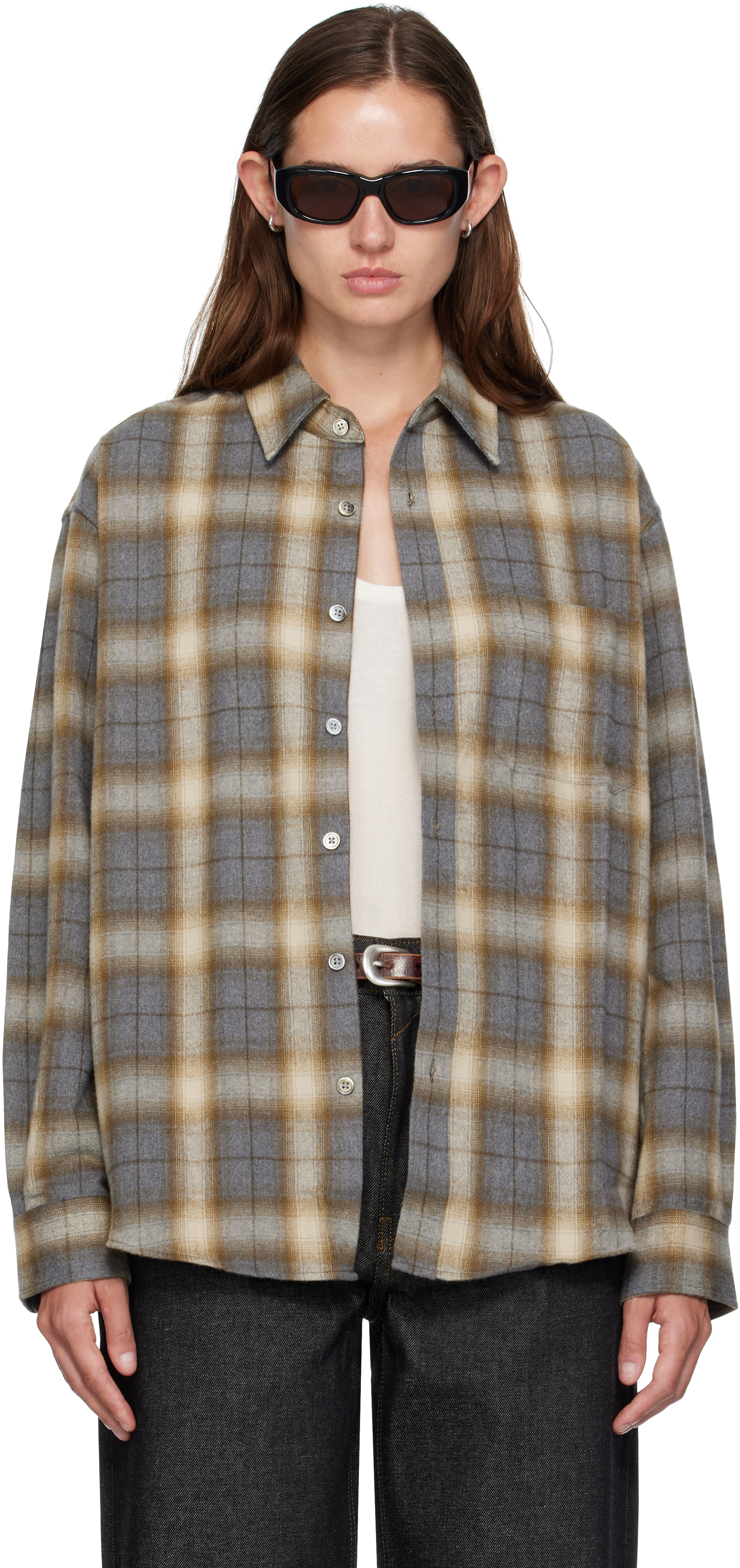 Brown Ombre Flannel One Pocket Checkered Shirt by COOR on Sale