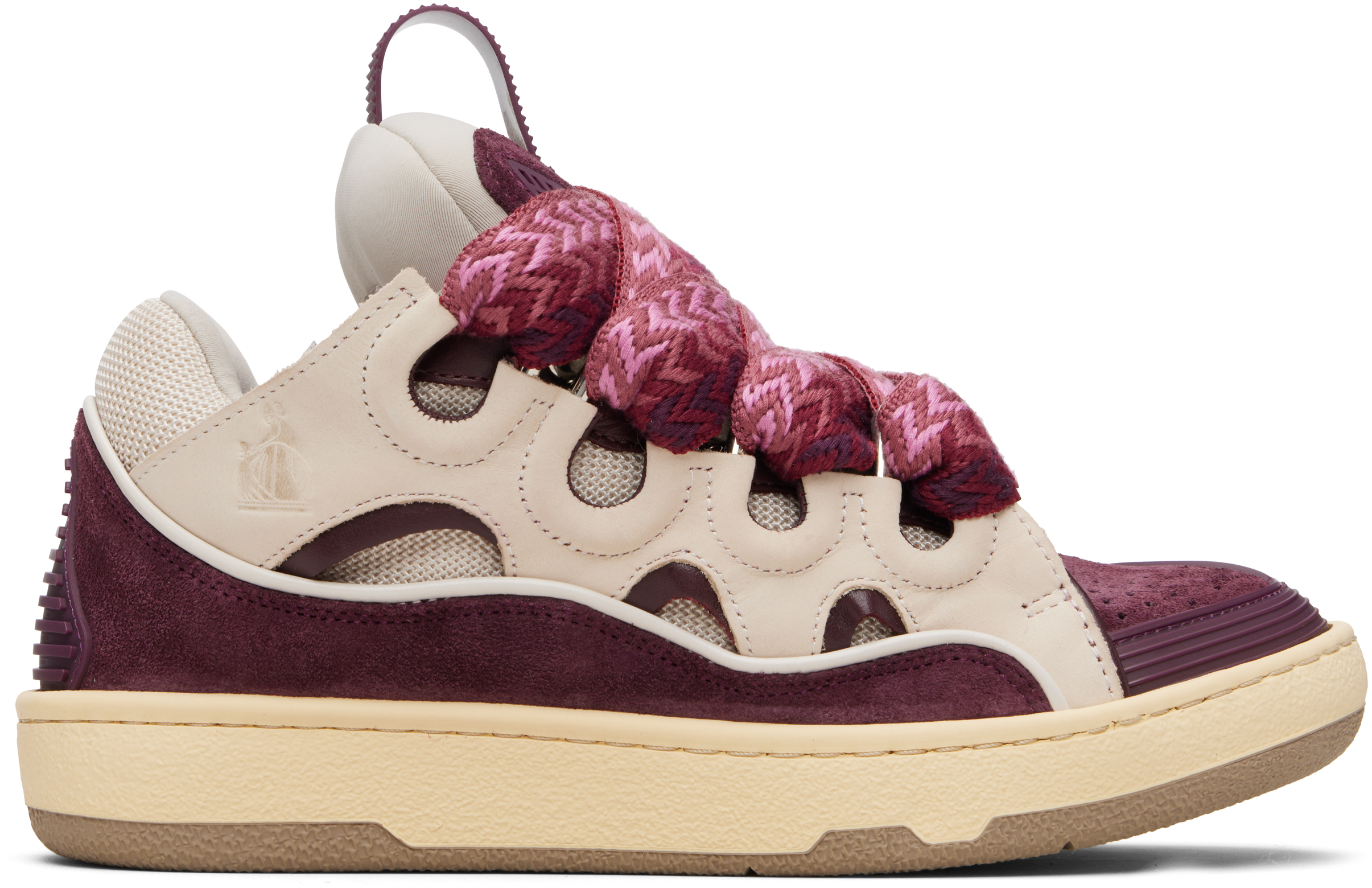 Lanvin Curb Leather And Fabric Sneakers In Beige And Burgundy In Multi