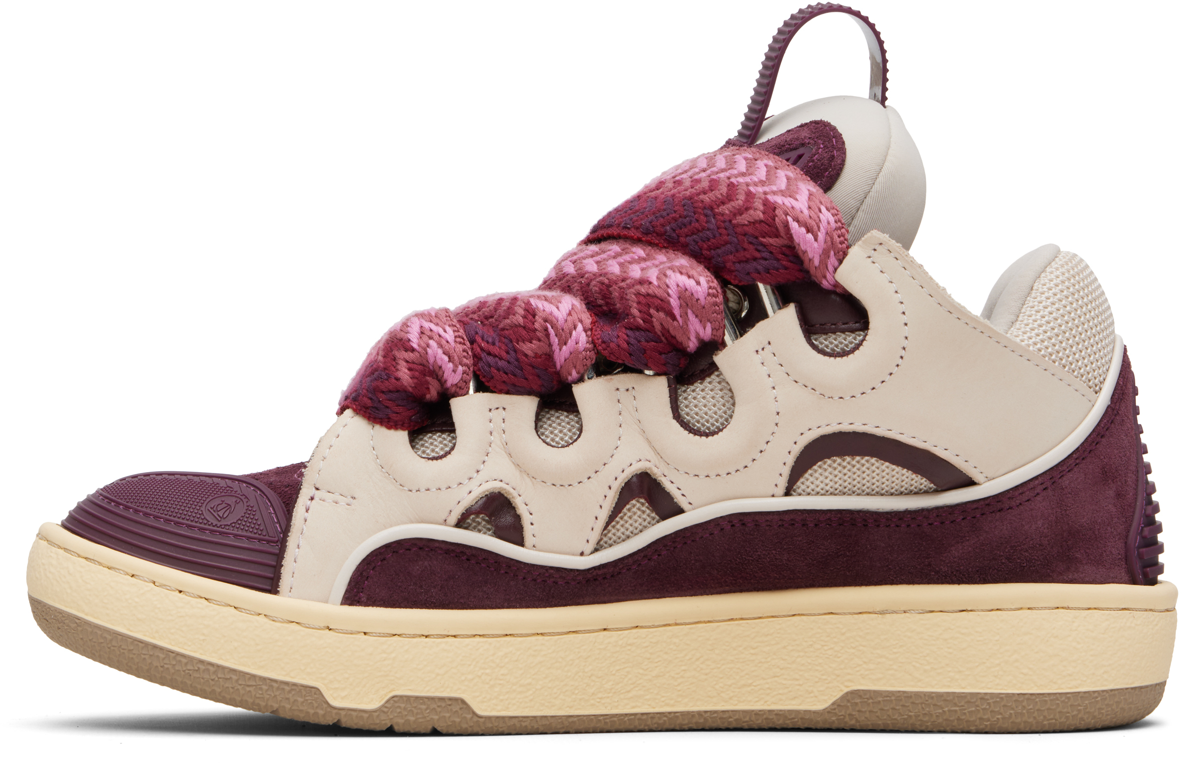 Lanvin Curb Leather And Fabric Sneakers In Beige And Burgundy In Multi