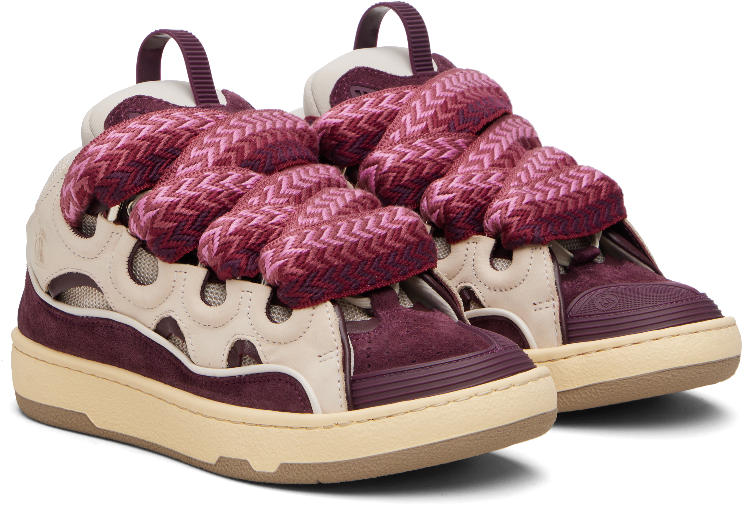 Lanvin Curb Leather And Fabric Sneakers In Beige And Burgundy In Multi