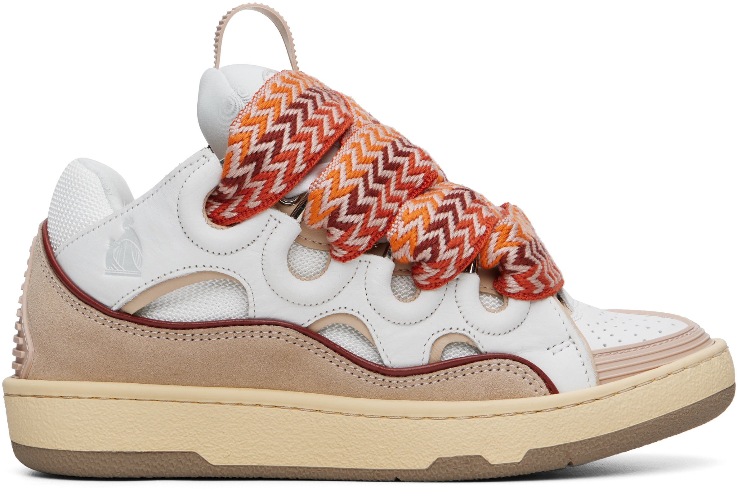 White & Beige Curb Leather Sneakers by Lanvin on Sale display picture 3