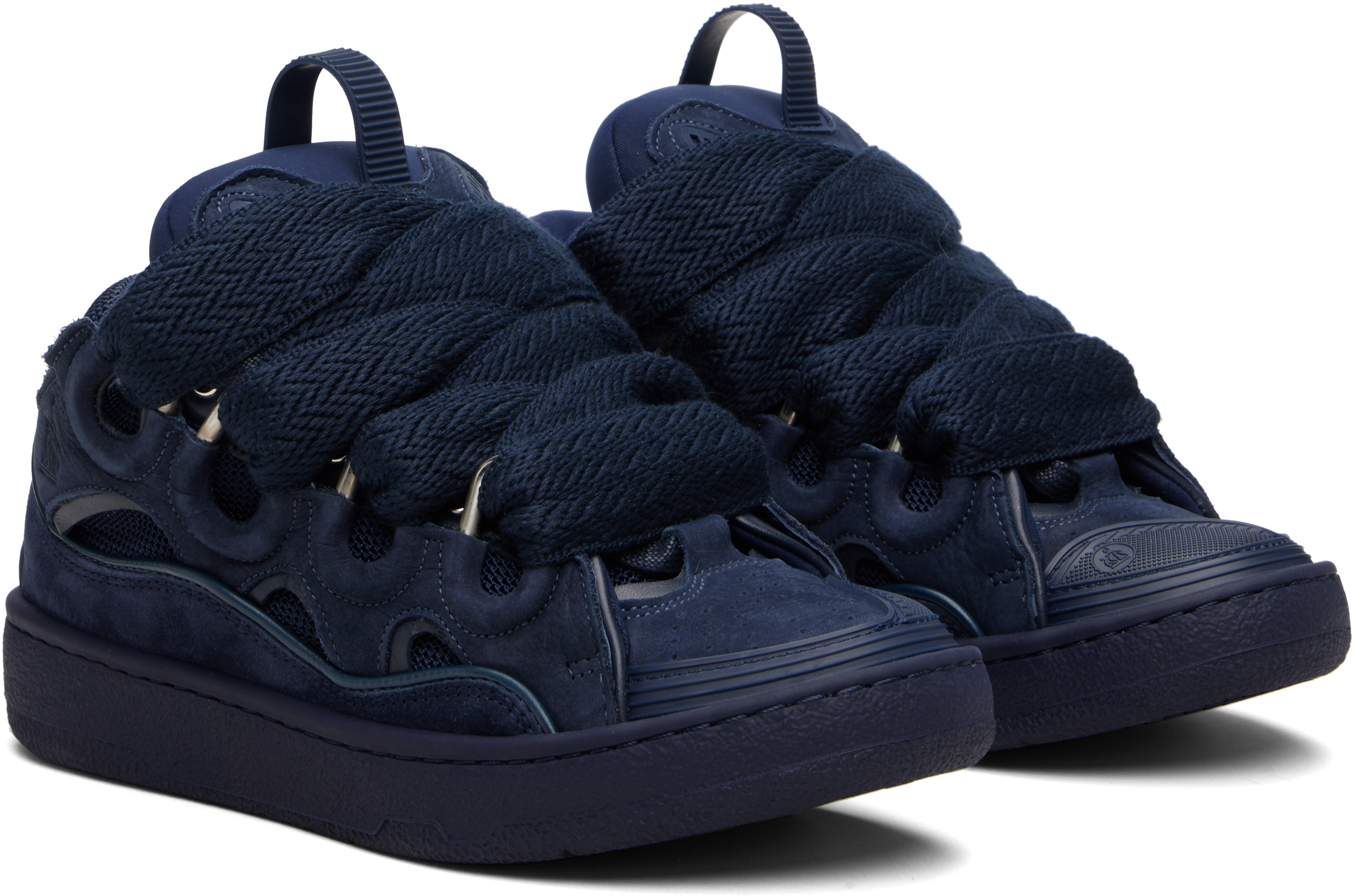 Lanvin Navy Leather Curb Sneakers In Black