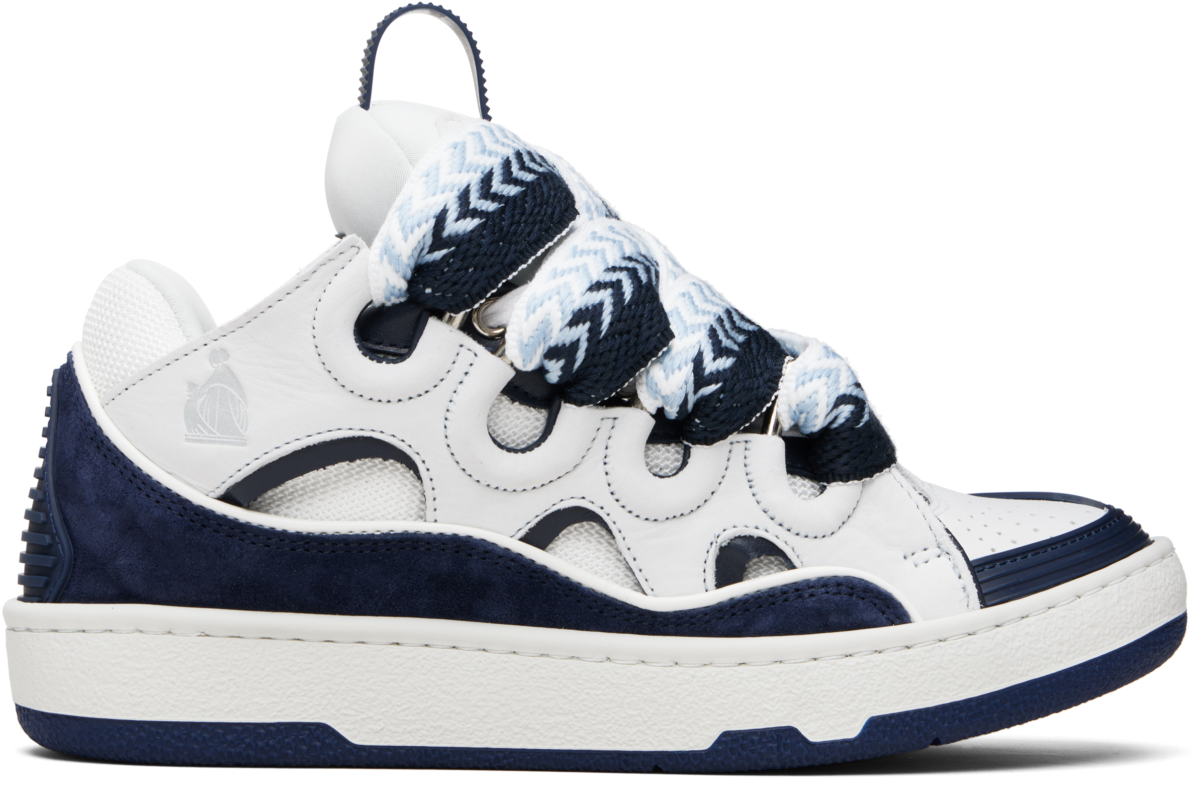 Lanvin White & Navy Curb Leather Sneakers In Multi