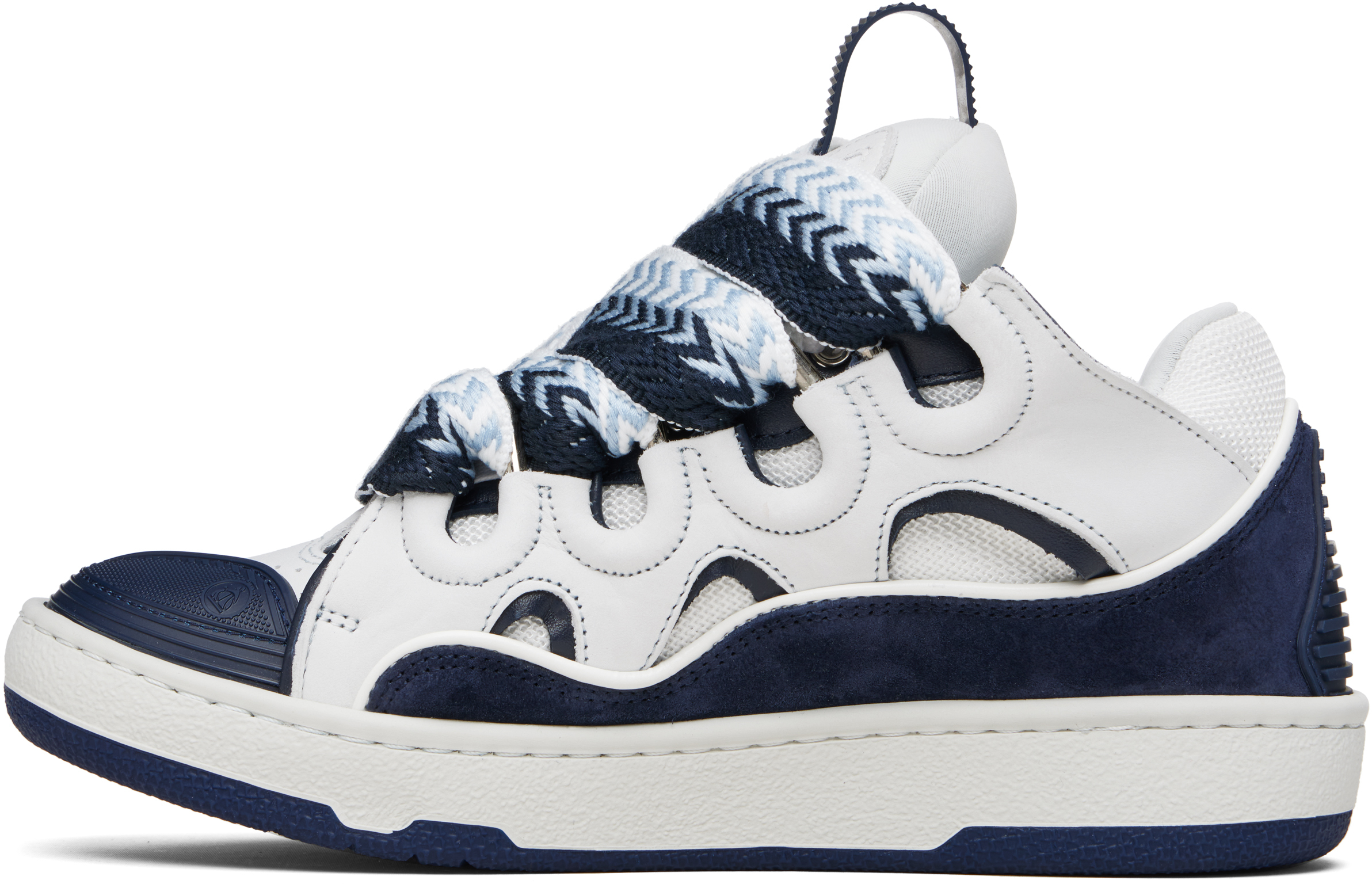 Lanvin White & Navy Curb Leather Sneakers In Multi