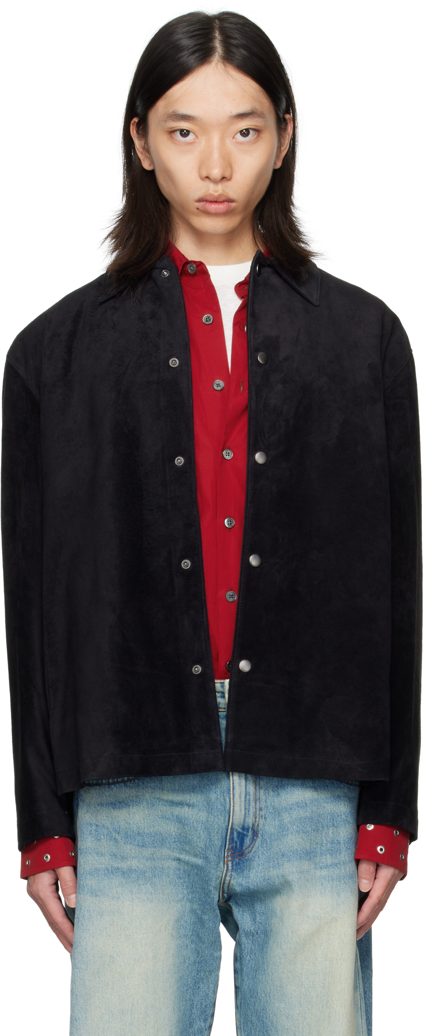 Coor Black Snap Button Suede Overshirt In Black