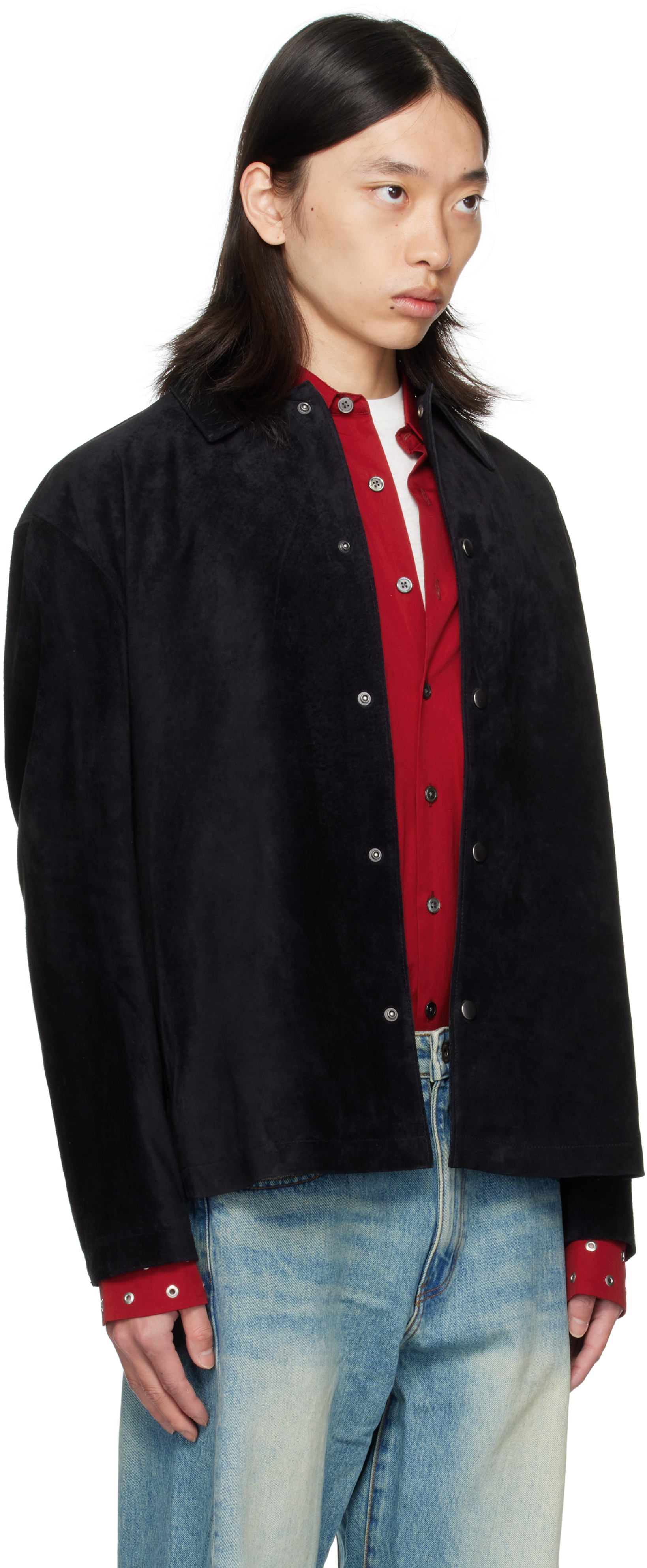 Coor Black Snap Button Suede Overshirt In Black