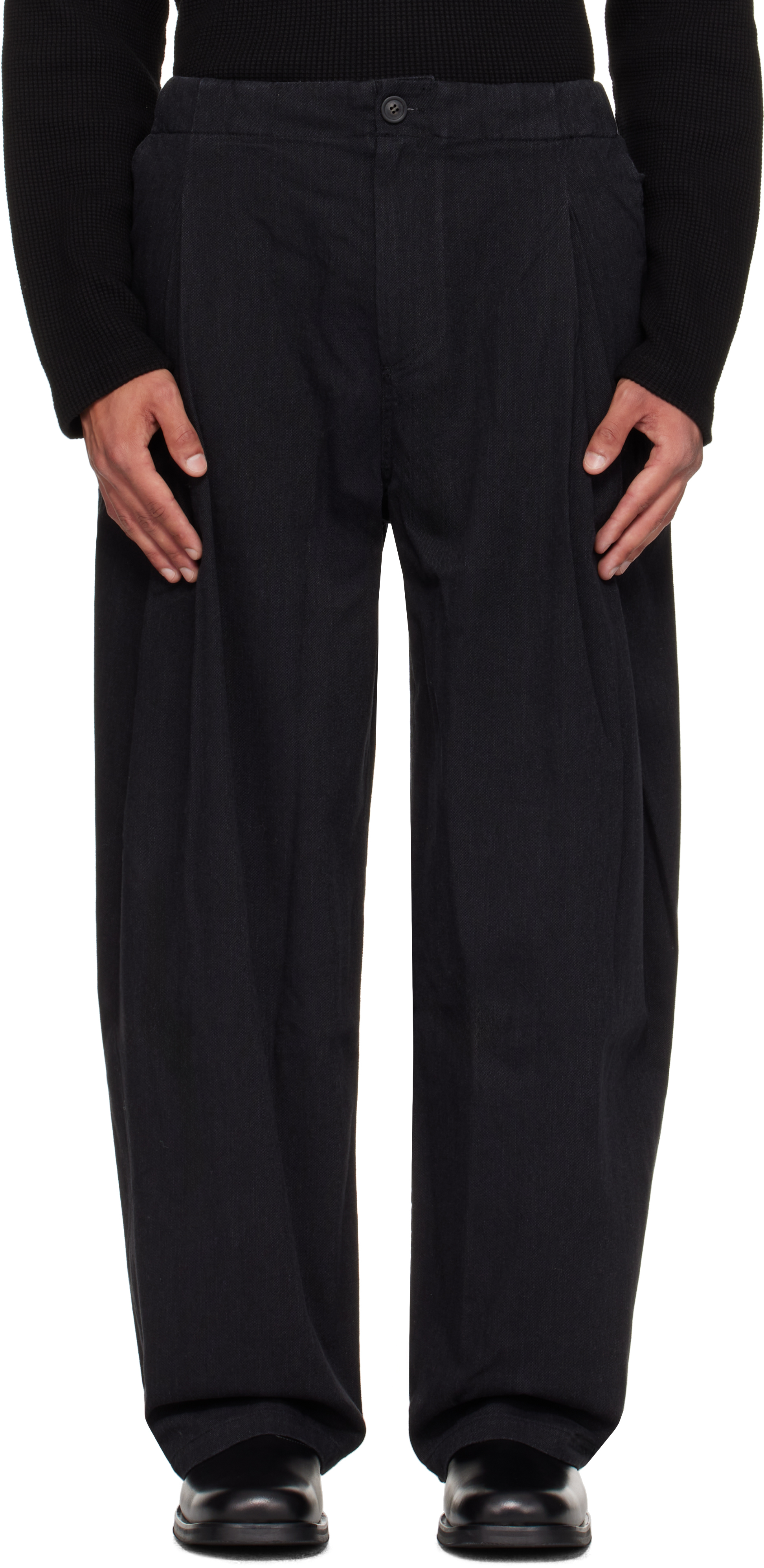 Coor Black Banding Waist Washed Double Pleated Cotton Trousers In Blue