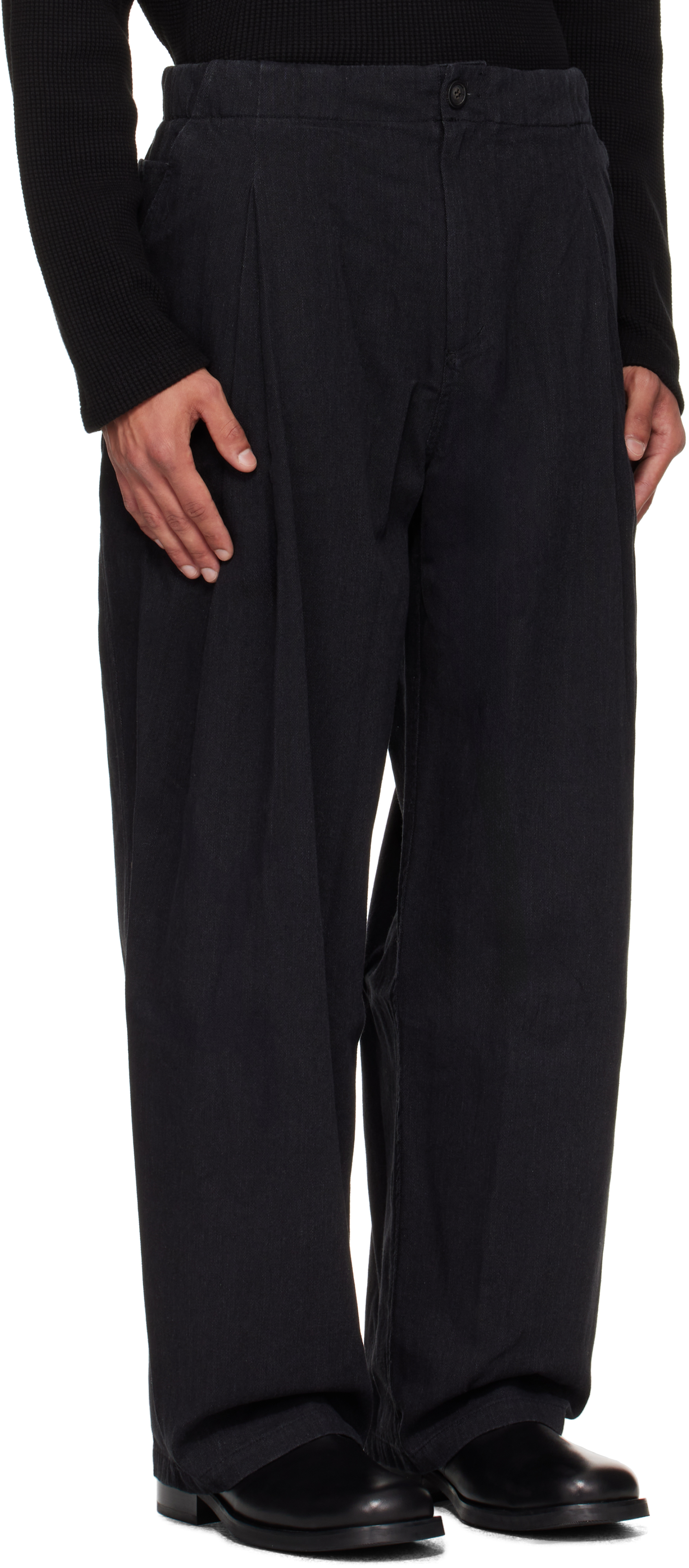 Coor Black Banding Waist Washed Double Pleated Cotton Trousers In Blue