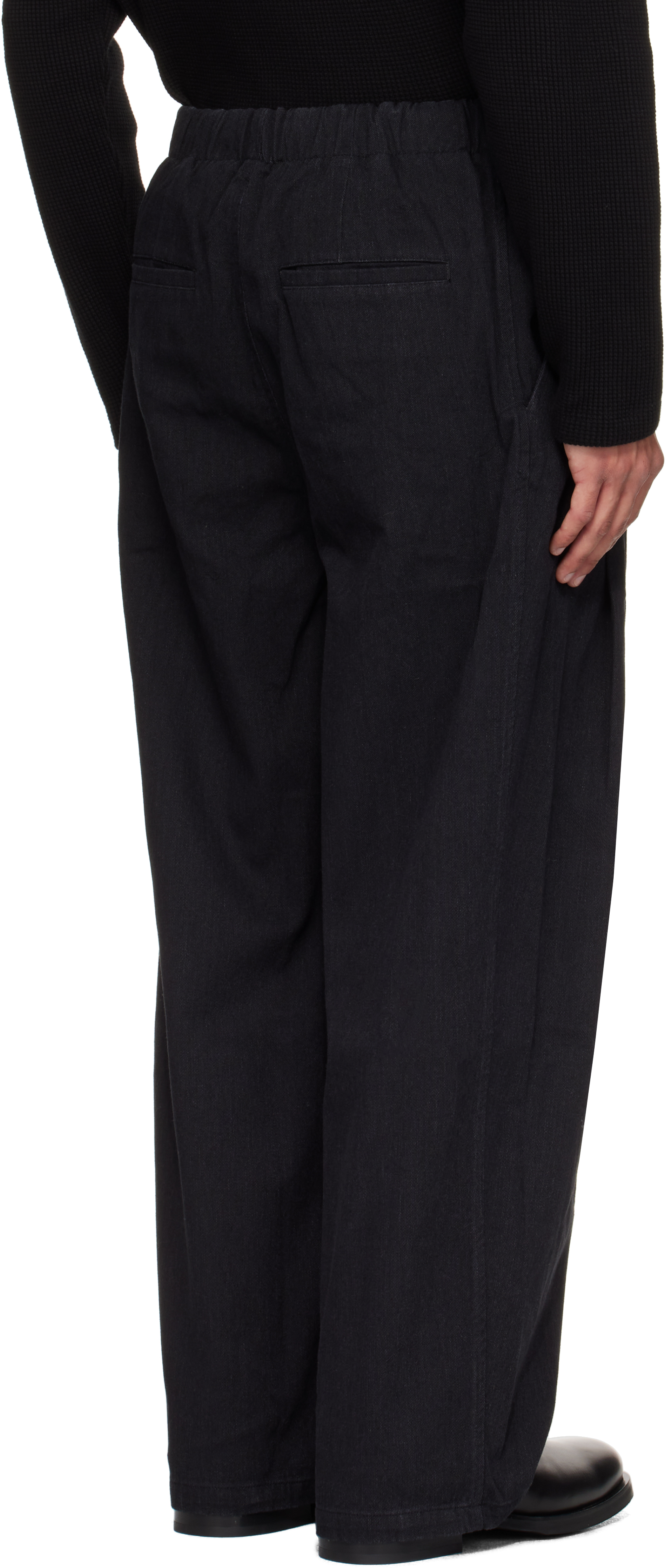 Coor Black Banding Waist Washed Double Pleated Cotton Trousers In Blue