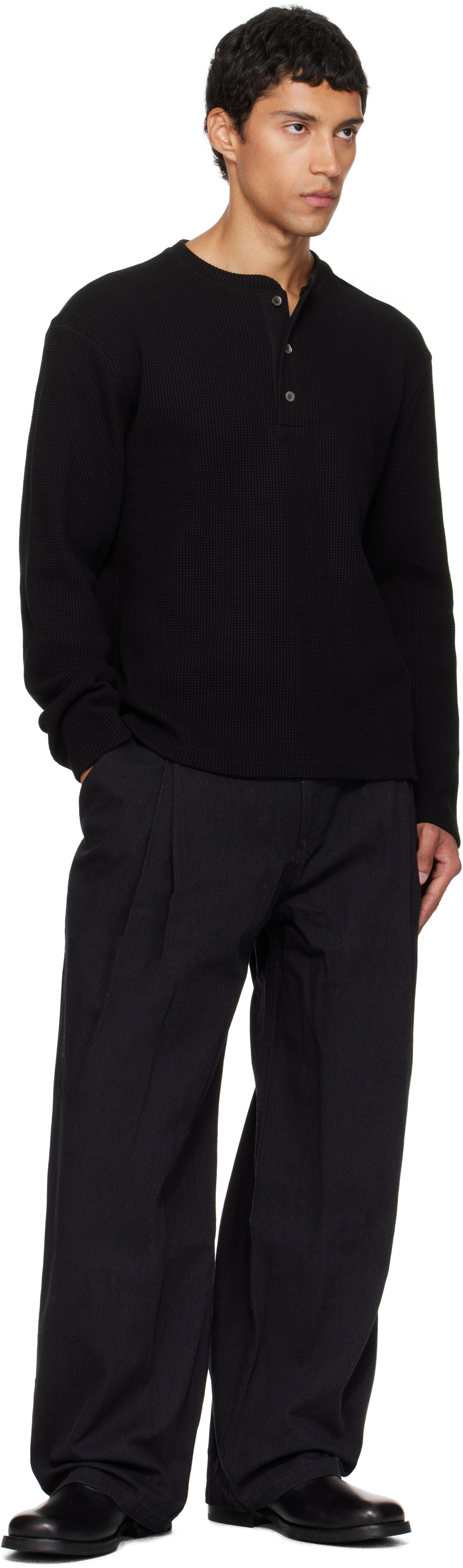 Coor Black Banding Waist Washed Double Pleated Cotton Trousers In Blue