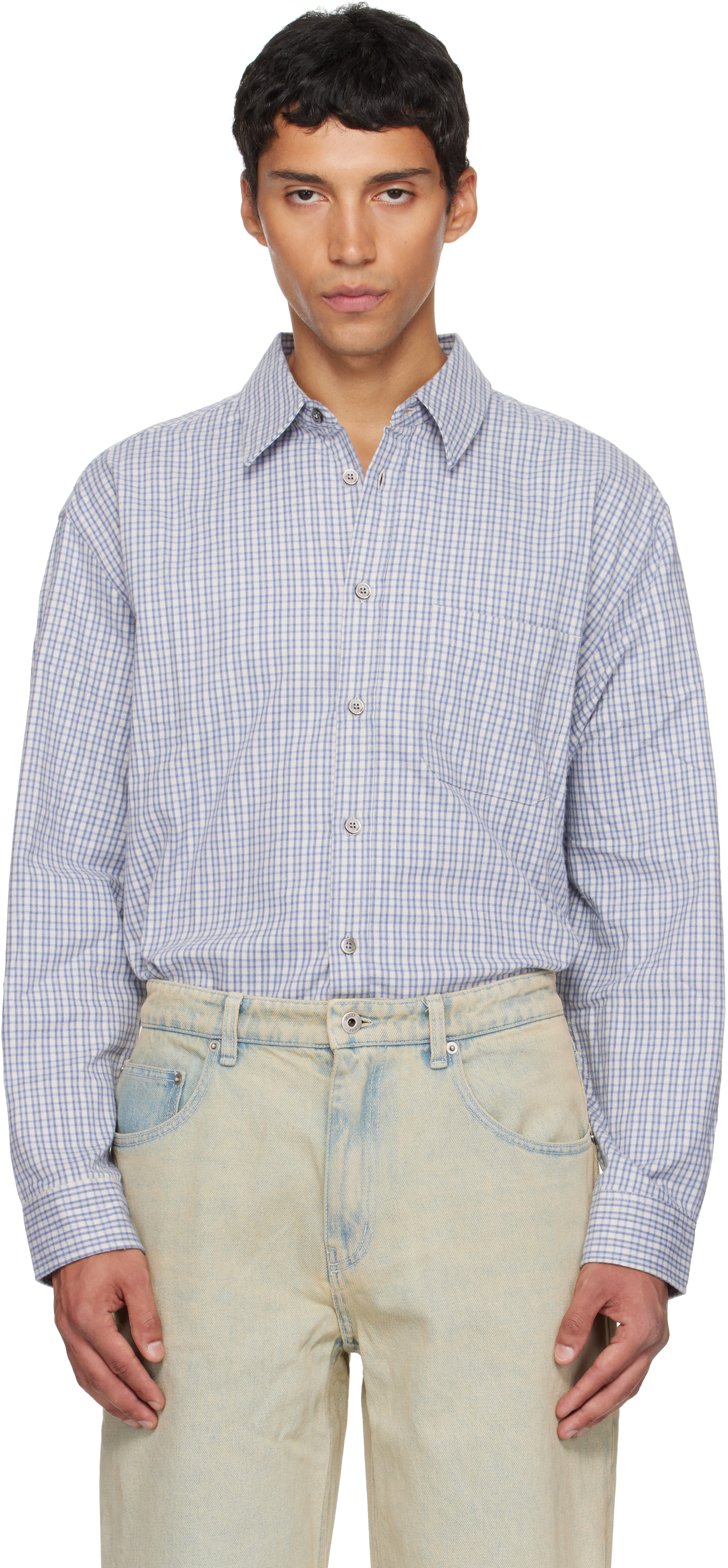 Coor Blue & White Block Checkered One Pocket Shirt In Blue