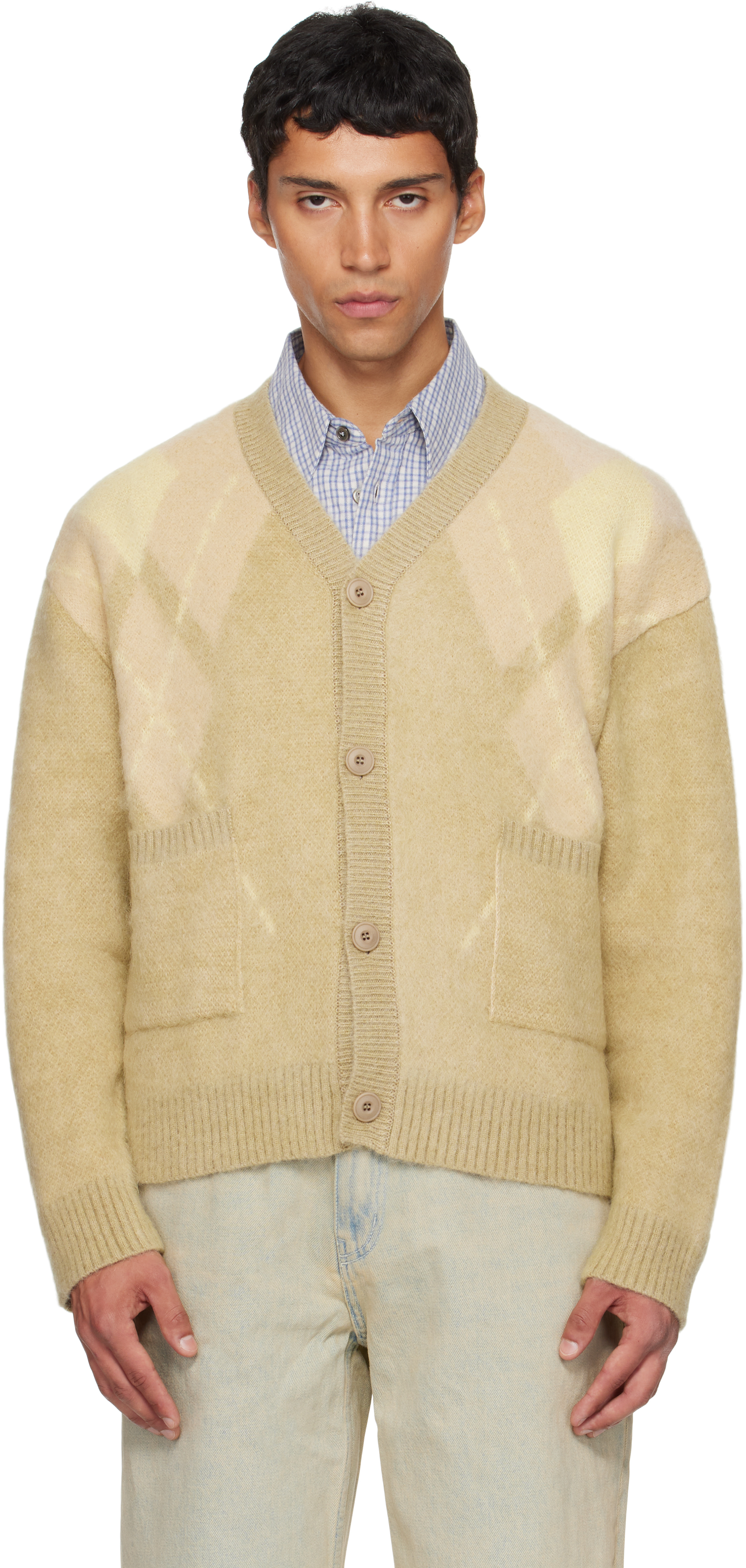 Coor Yellow Hairy Mixed Argyle Cardigan In Yellow