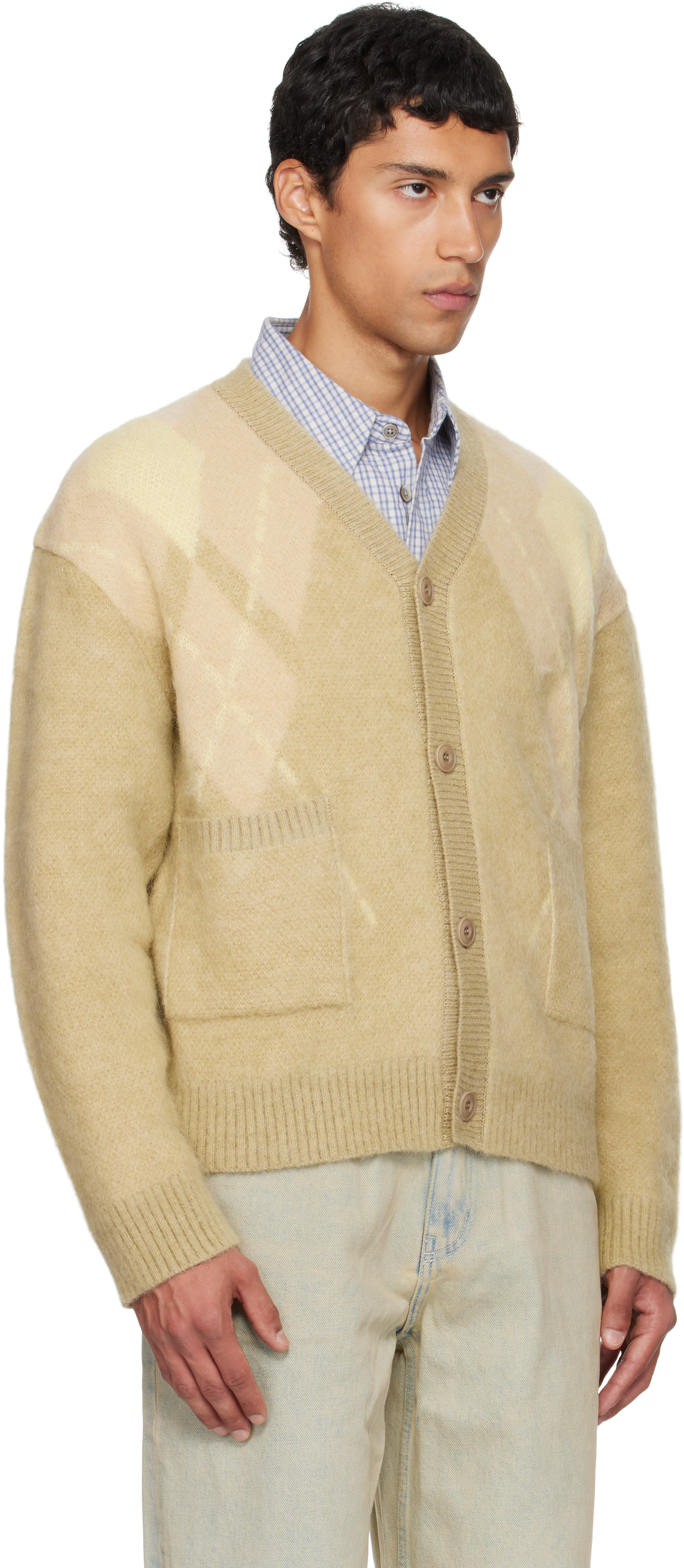 Coor Yellow Hairy Mixed Argyle Cardigan In Yellow