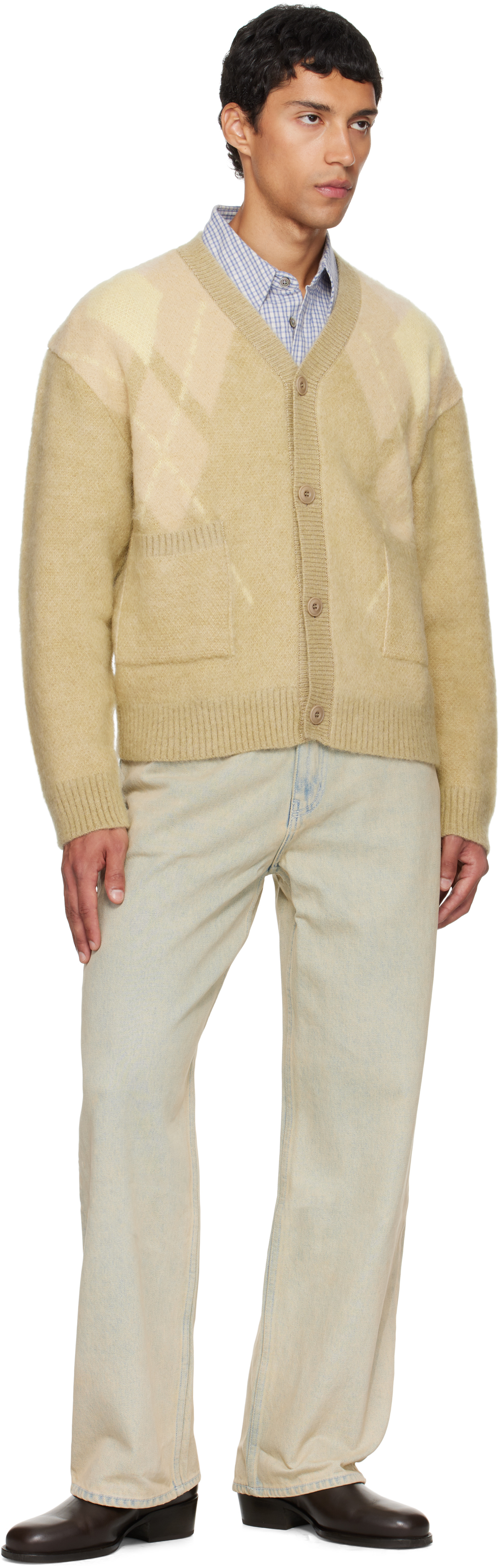 Coor Yellow Hairy Mixed Argyle Cardigan In Yellow