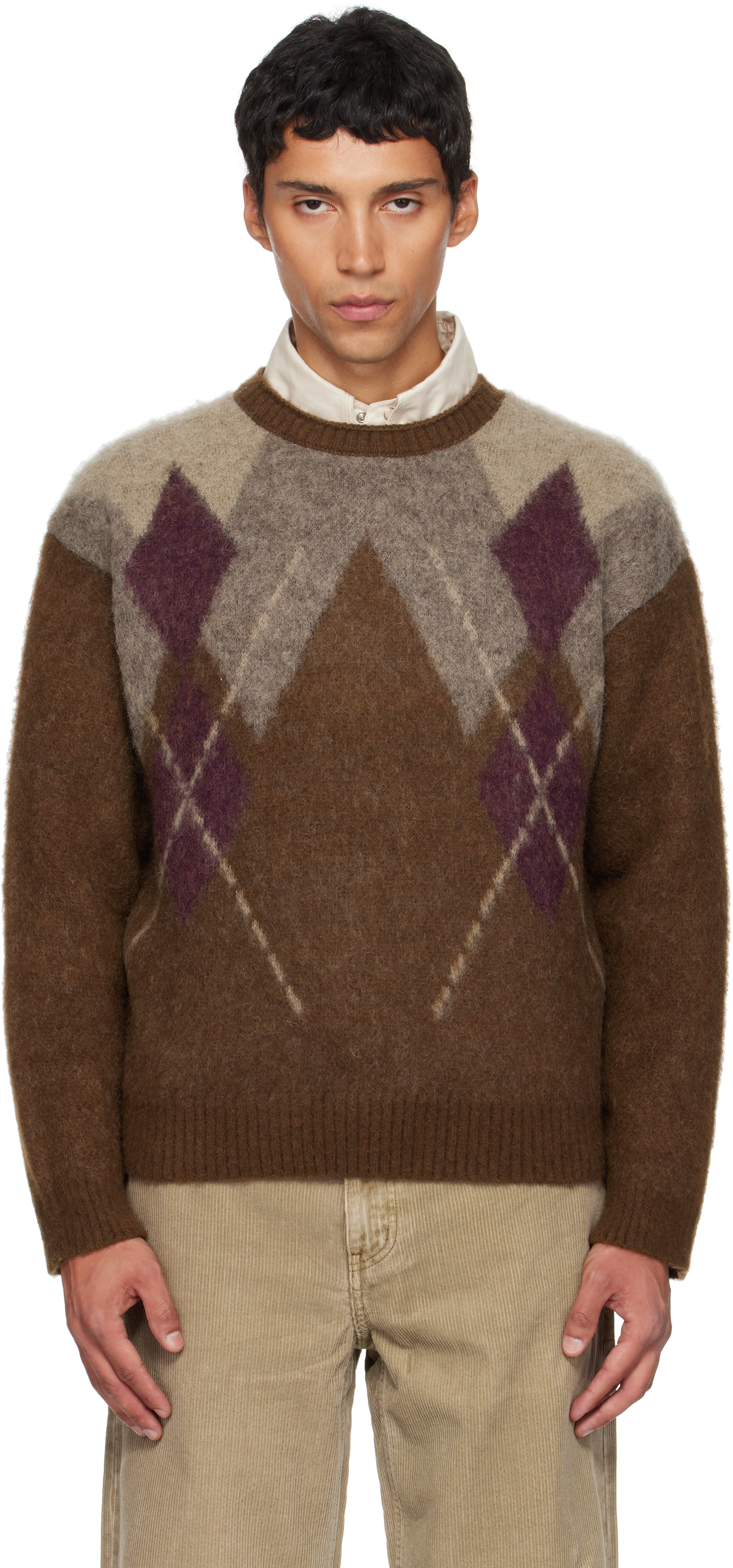 Coor Brown Hairy Mixed Argyle Crewneck Sweater In Brown