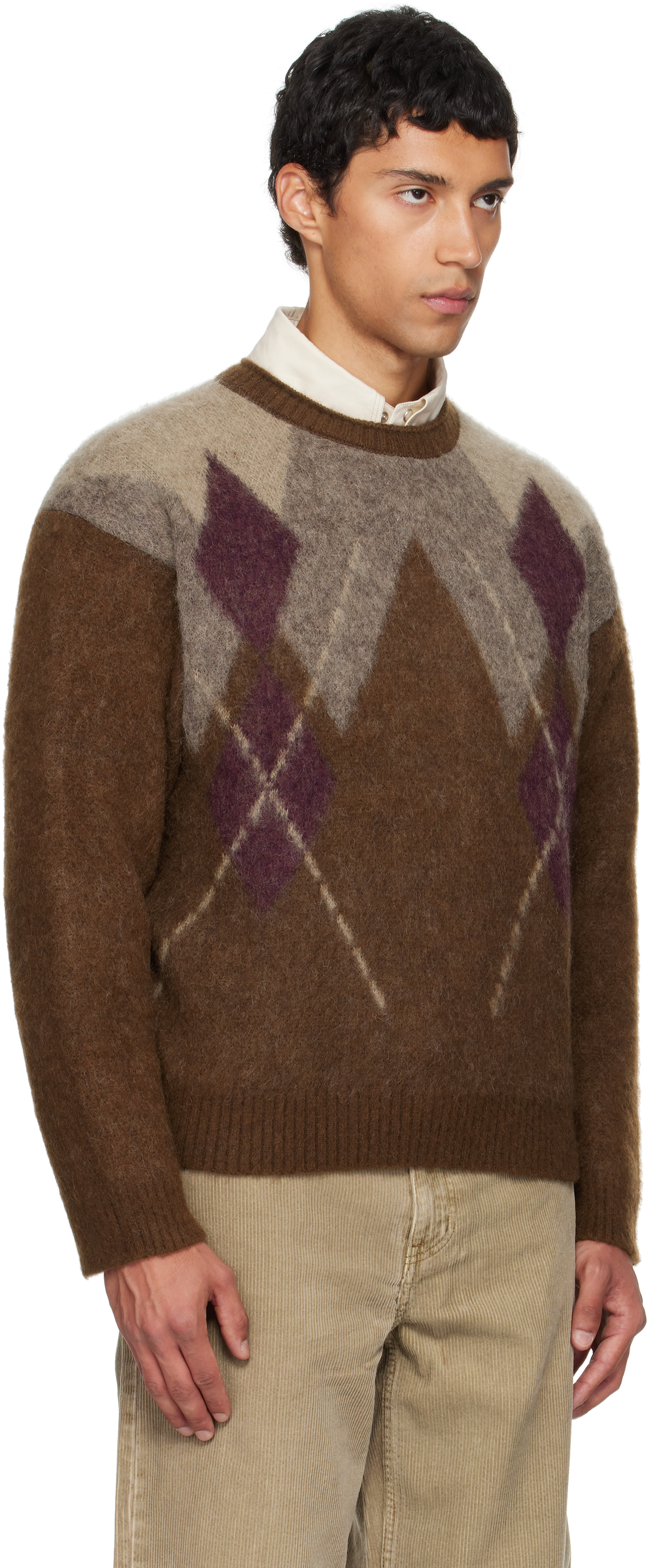Coor Brown Hairy Mixed Argyle Crewneck Sweater In Brown