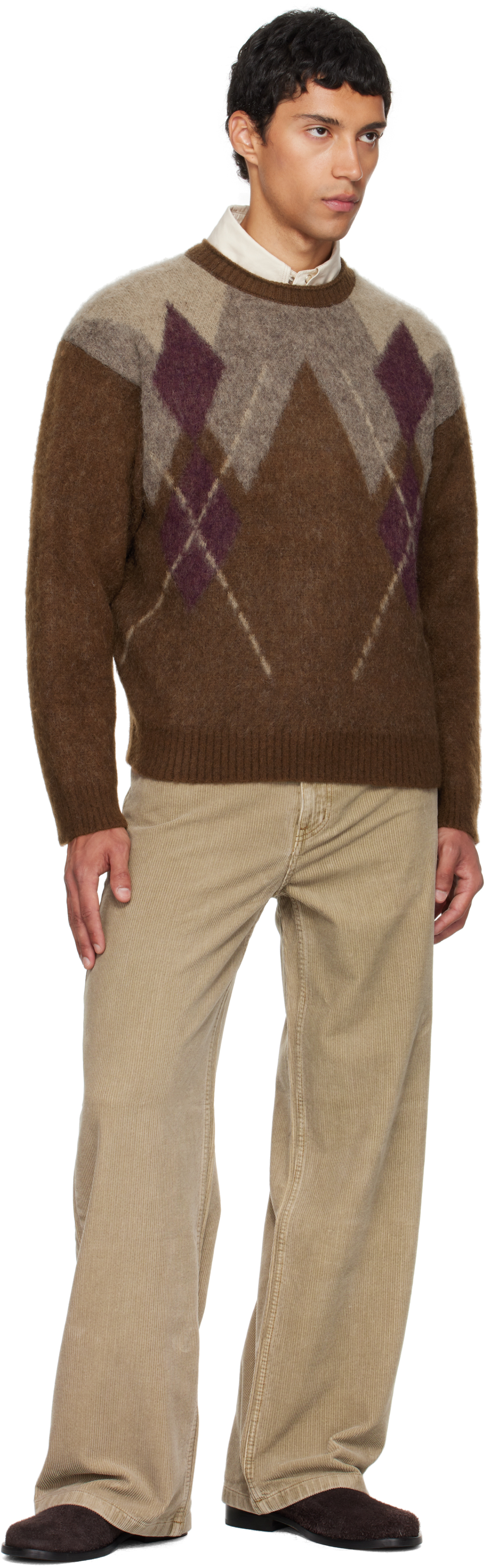Coor Brown Hairy Mixed Argyle Crewneck Sweater In Brown