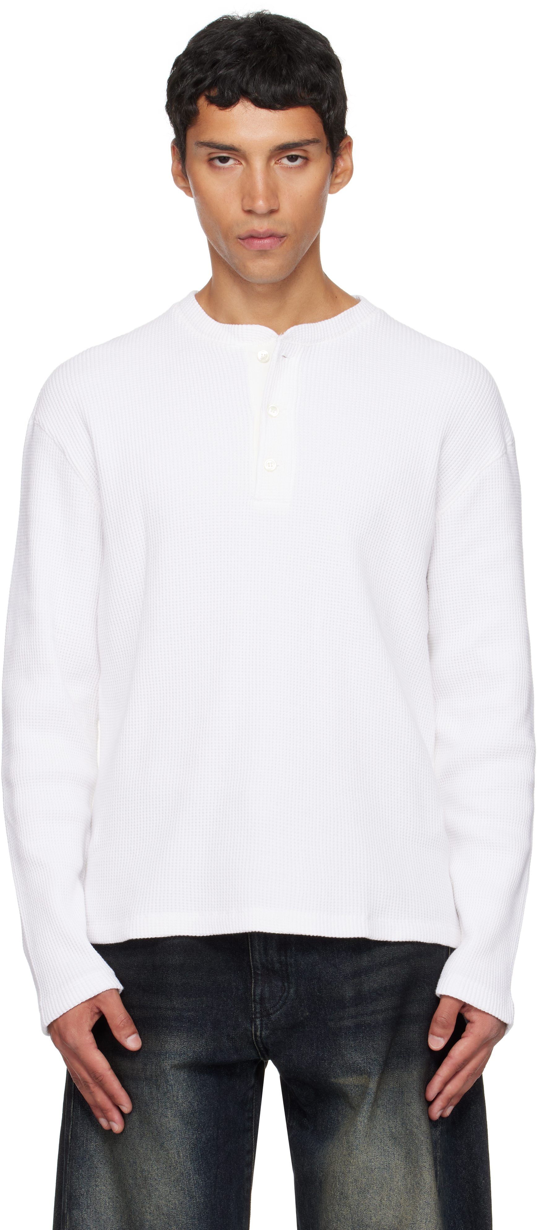 Coor White Waffle Long Sleeve Henley In White