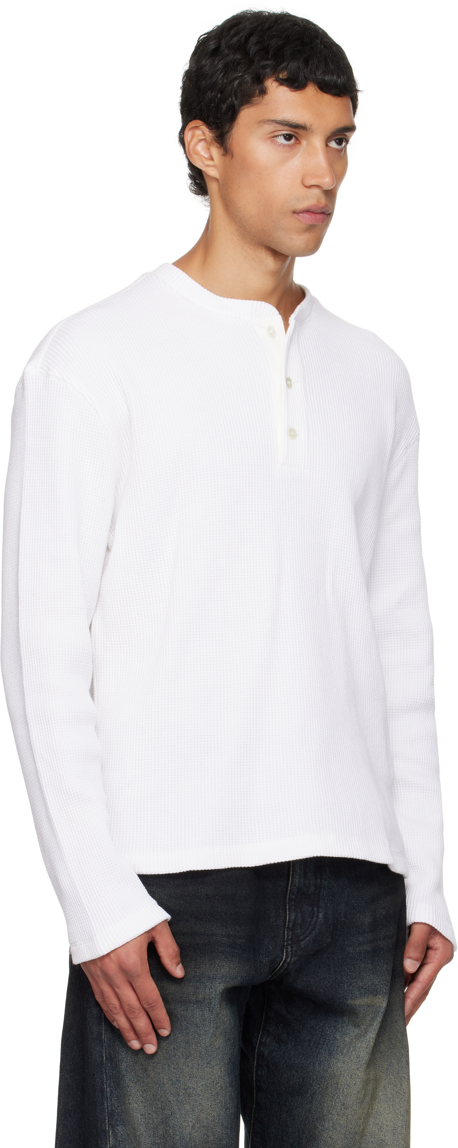Coor White Waffle Long Sleeve Henley In White