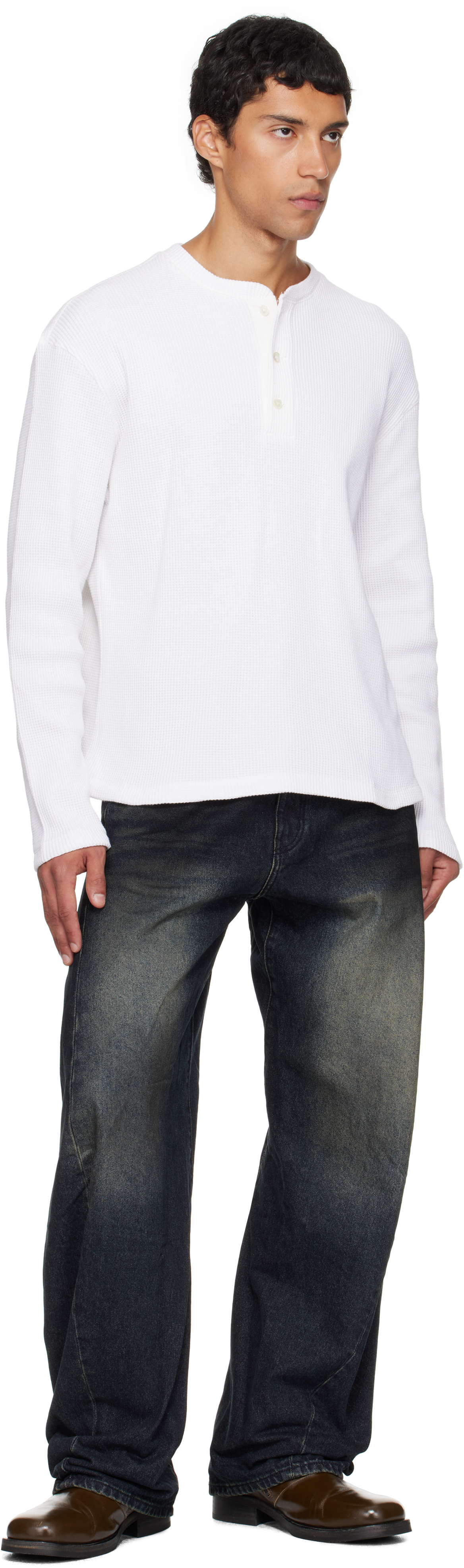 Coor White Waffle Long Sleeve Henley In White