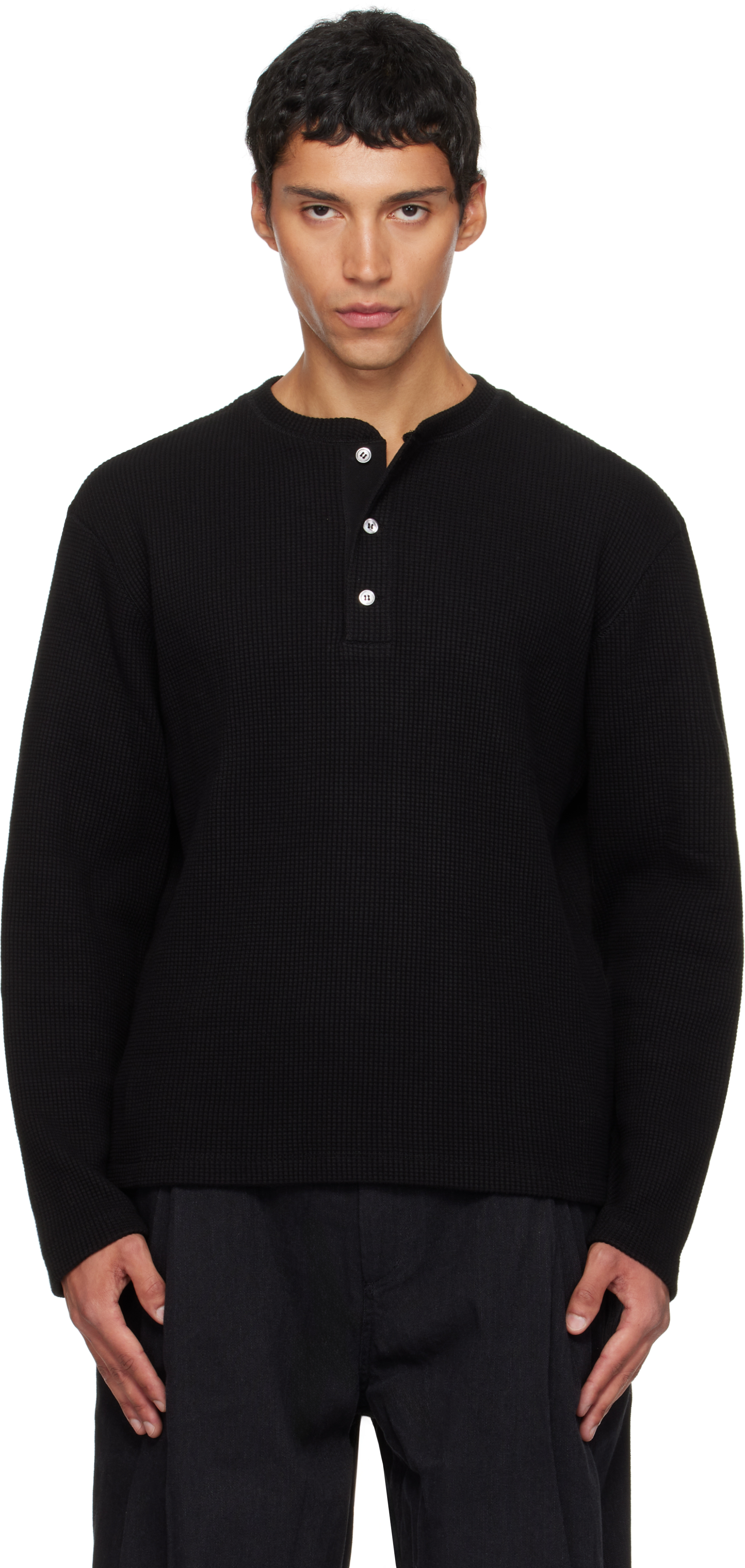 COOR: Black Waffle Long Sleeve Henley | SSENSE UK