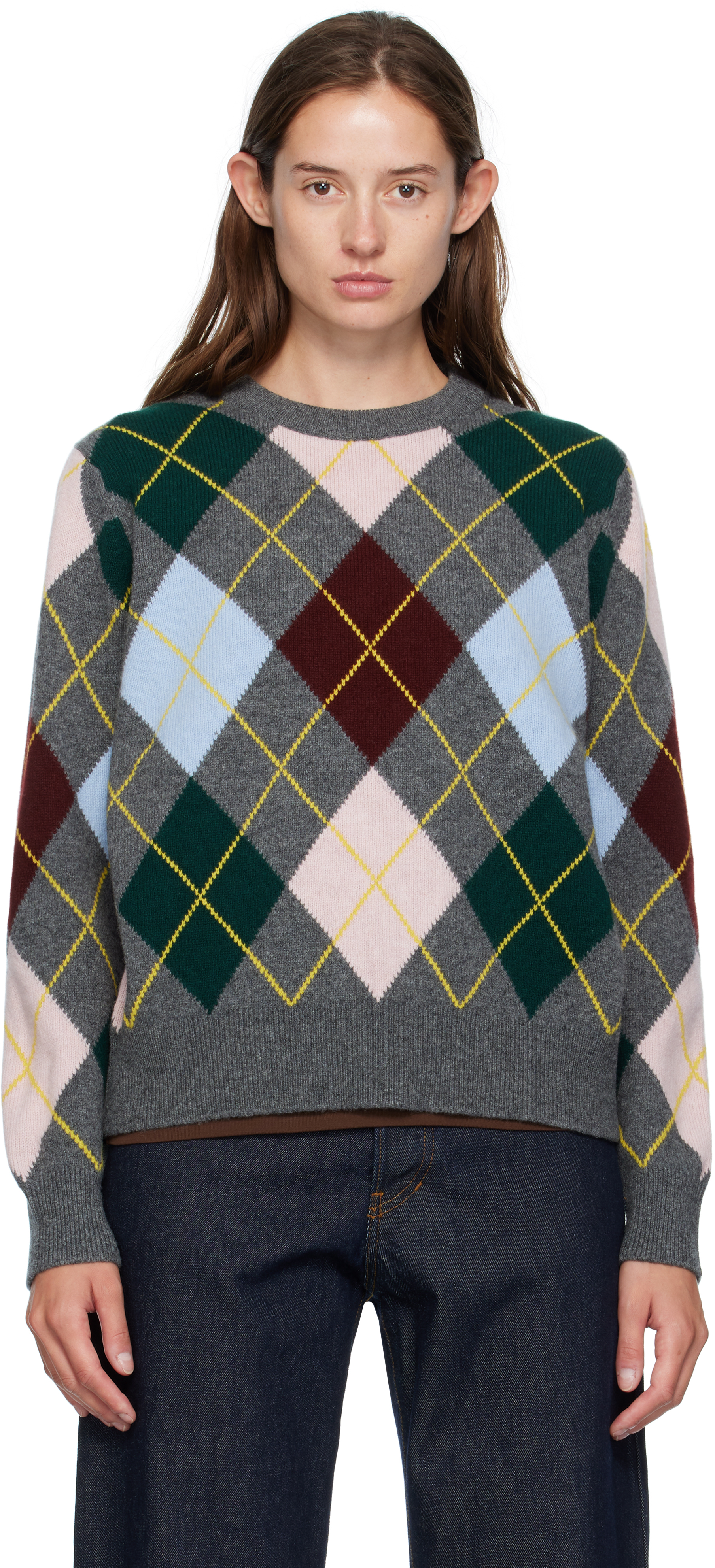And-daughter Gray Ava Argyle Crewneck Sweater In Multi