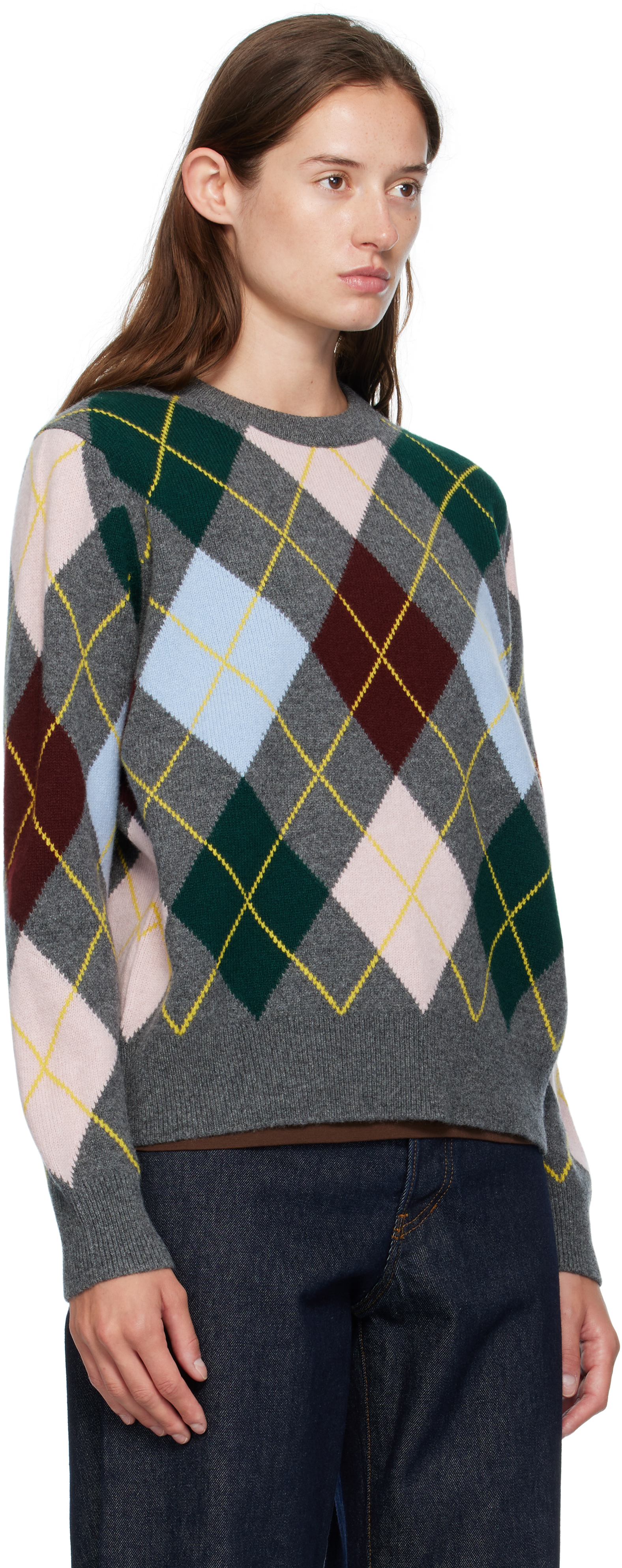 And-daughter Gray Ava Argyle Crewneck Sweater In Multi