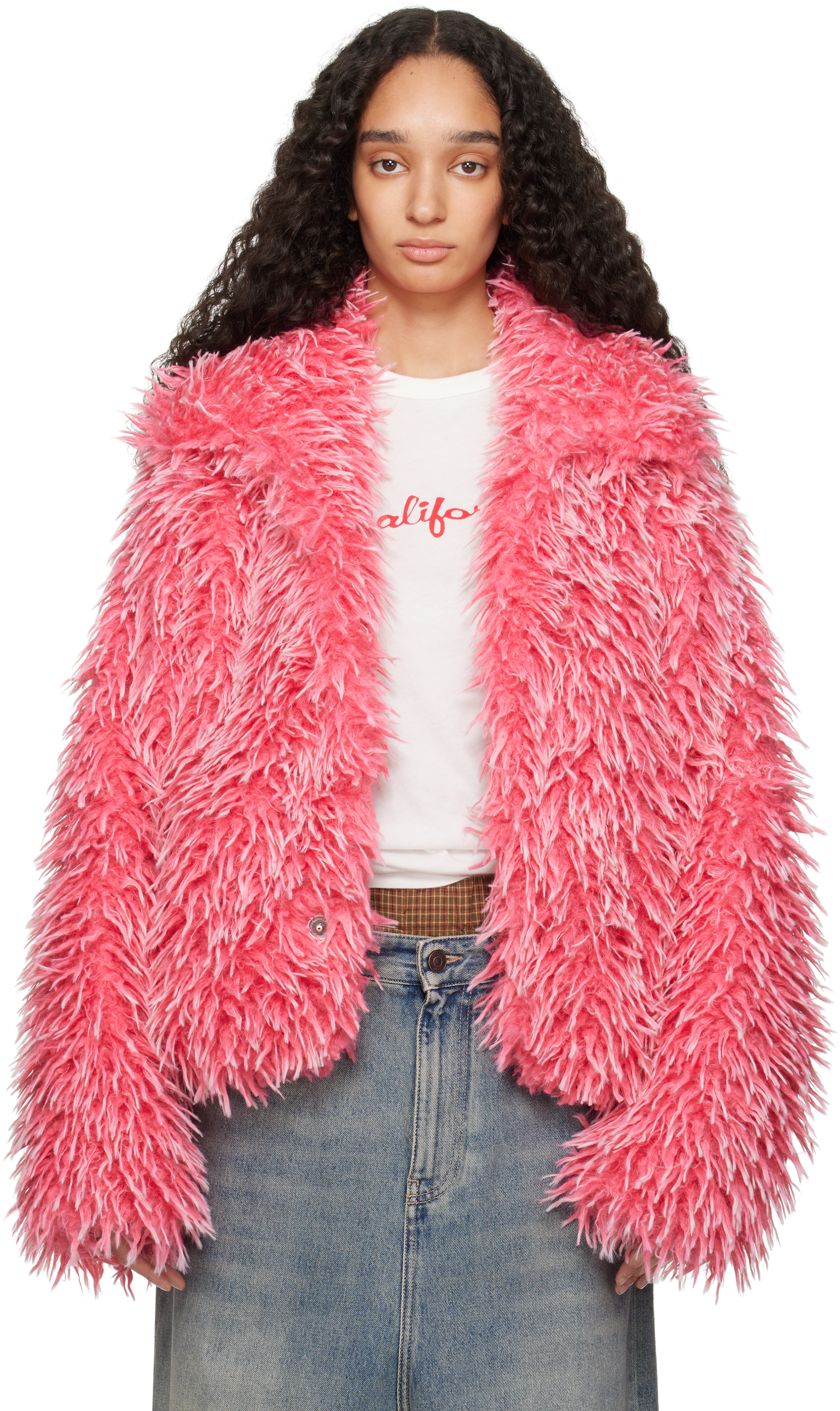 【関税込み】ERL ピンク Varsity フェイクファー ジャケット ERL: ピンク Varsity フェイクファー ジャケット | SSENSE 日本