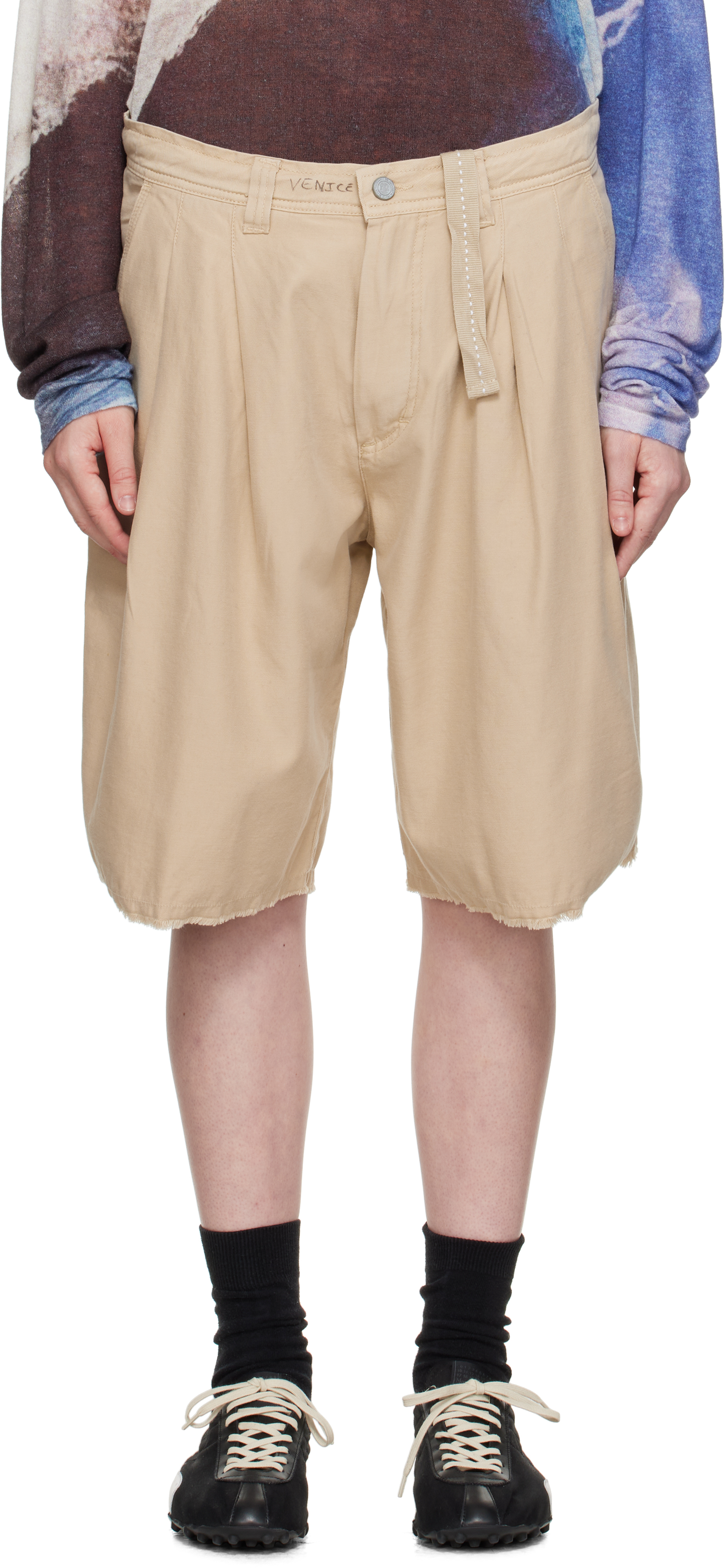 Beige Distressed Chino Shorts