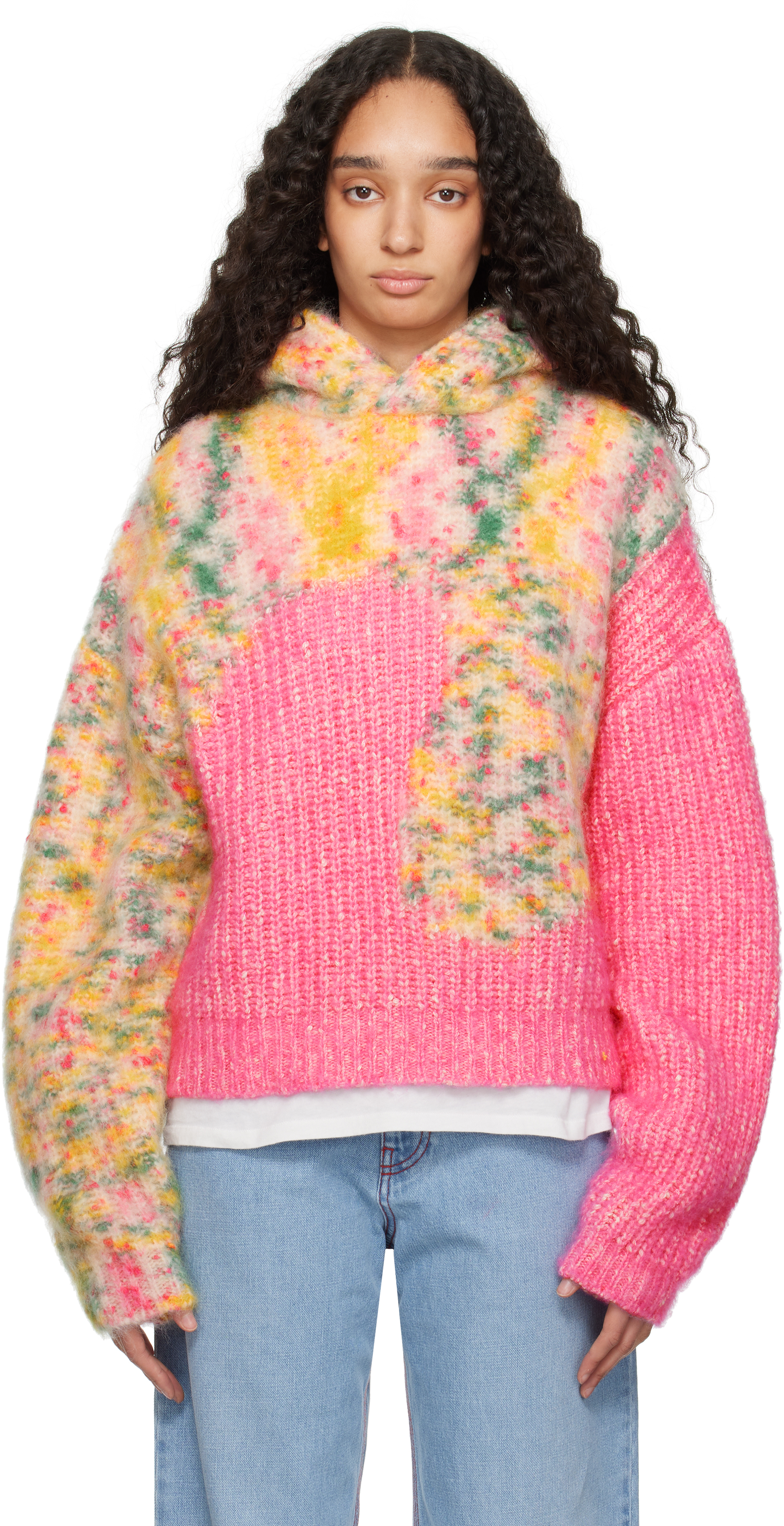 Pink 
Yellow Bicolor Swirl Knit Hoodie