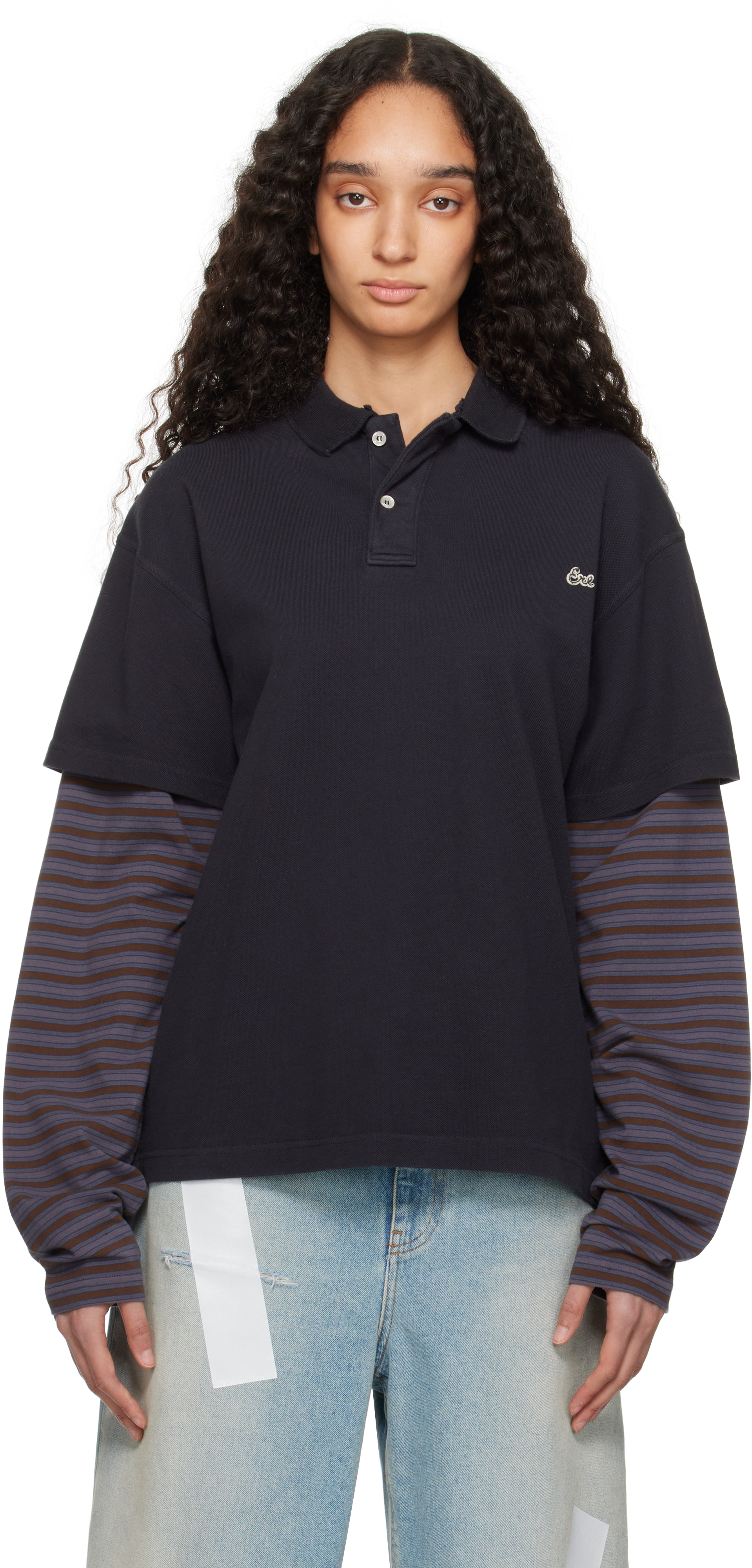 トップス 25ss ERL DOUBLE SLEEVE POLO T-SHIRT ERL Double Sleeve Polo T-Shirt | Black | SVD USA