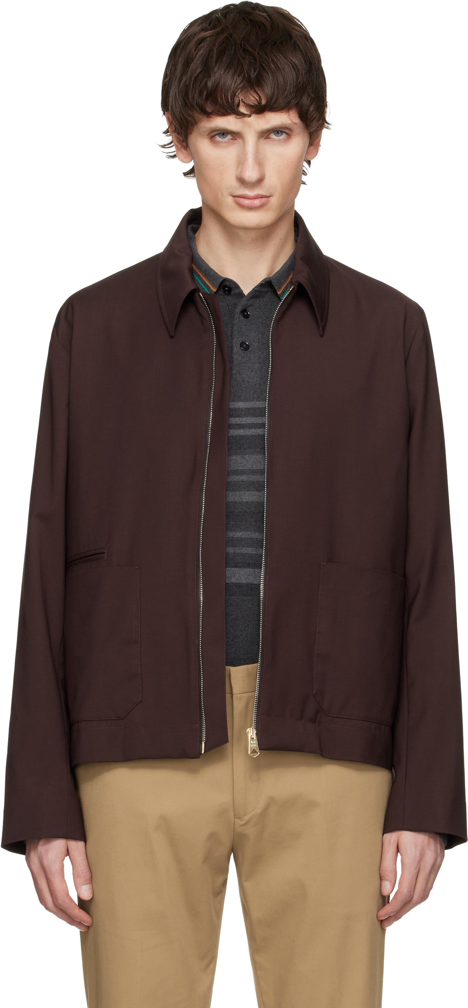 Paul Smith Burgundy Storm System Wool Short Zip Jacket In Brown
