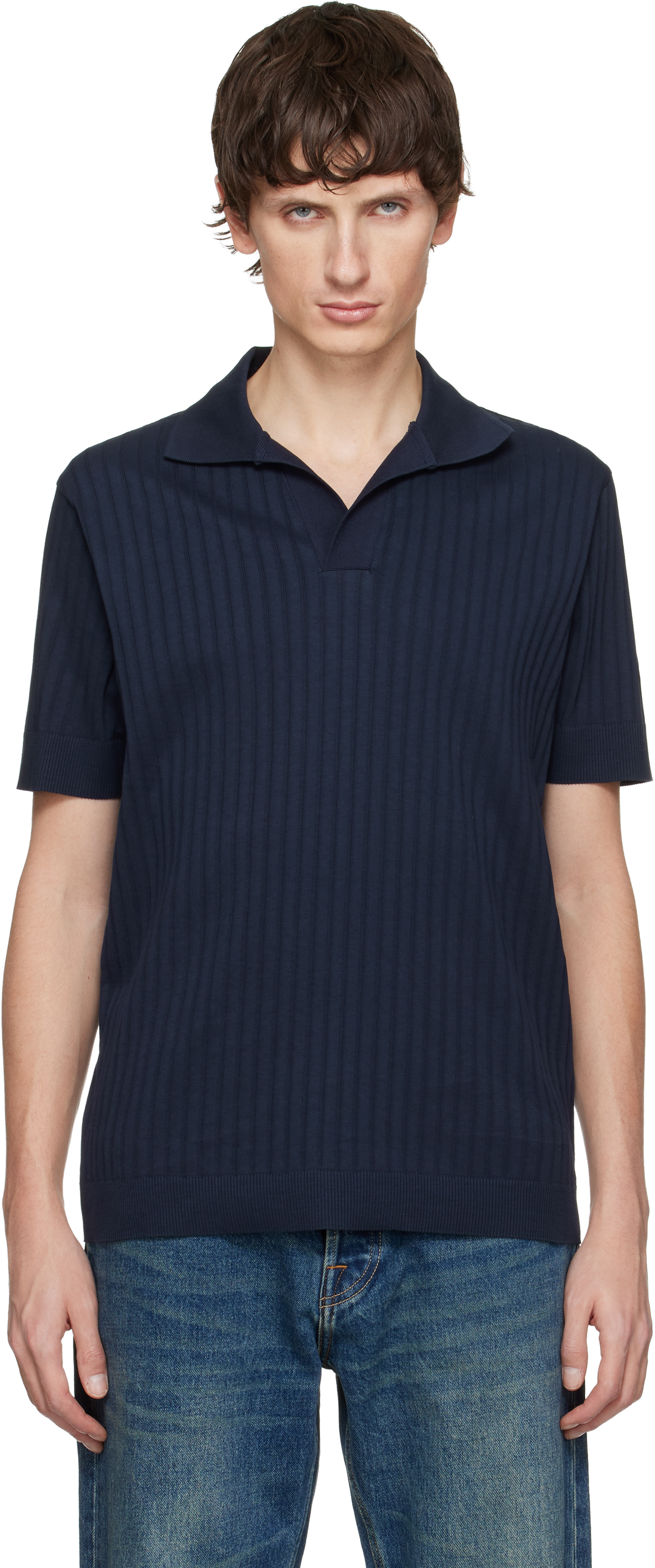 Paul Smithのネイビー Ribbed Cotton Open-Collar ポロシャツがセール中