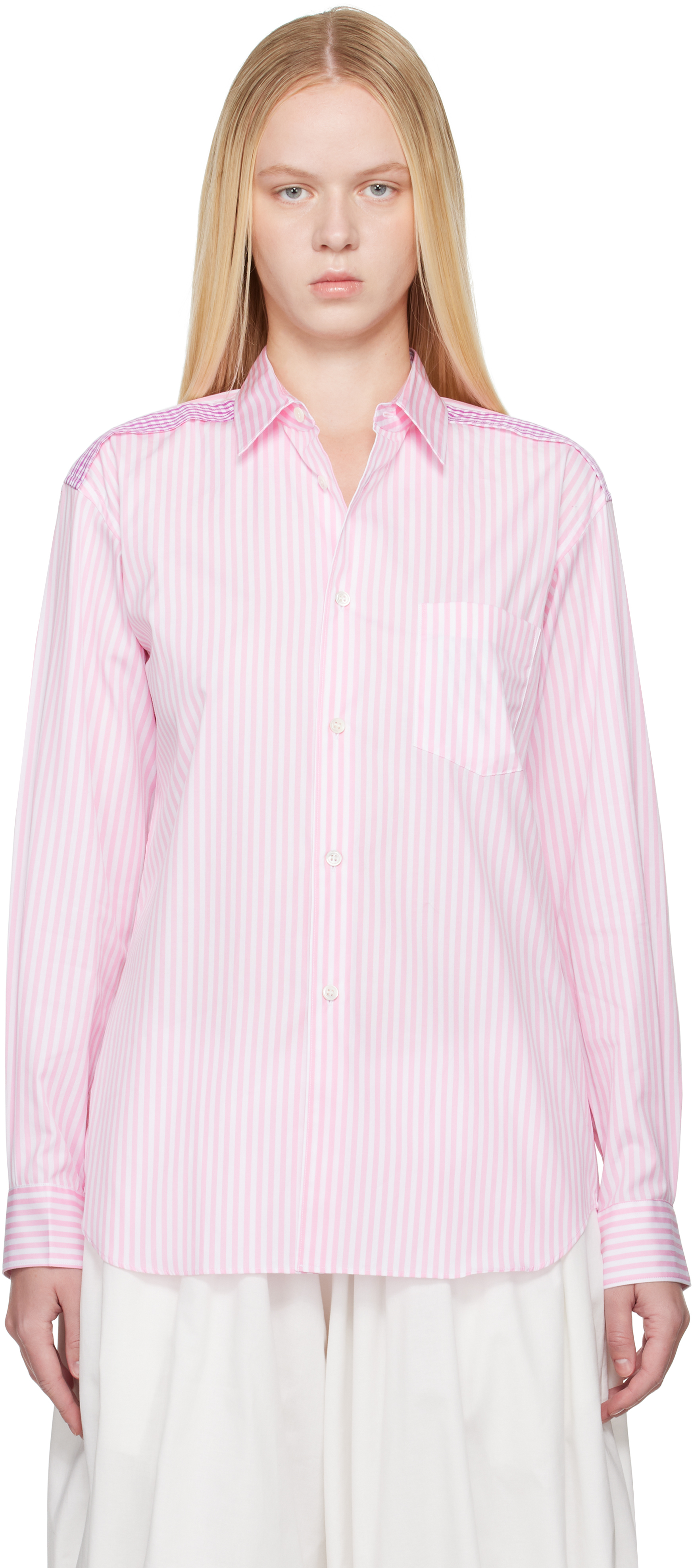 Pink & White Striped Gingham Trim Shirt