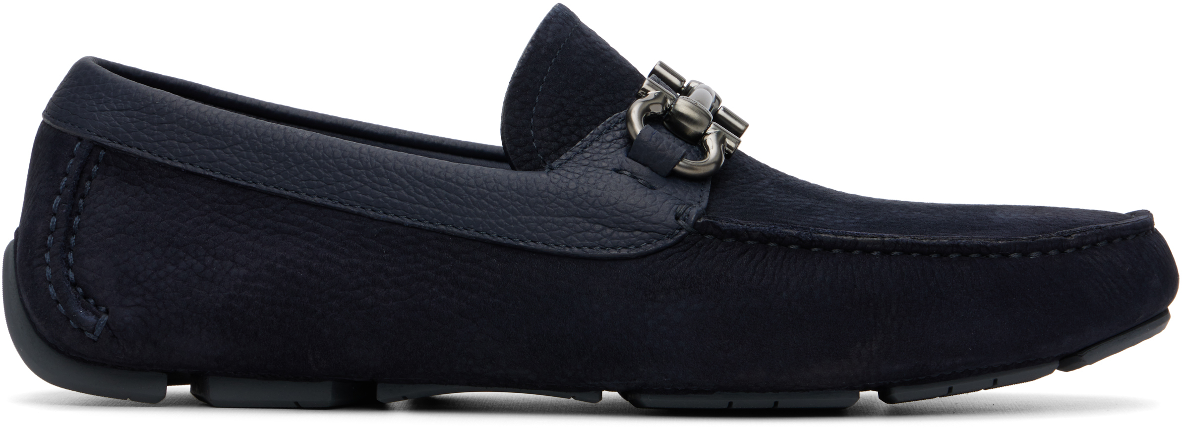Navy Gancini Ornament Driver Loafers by Ferragamo on Sale