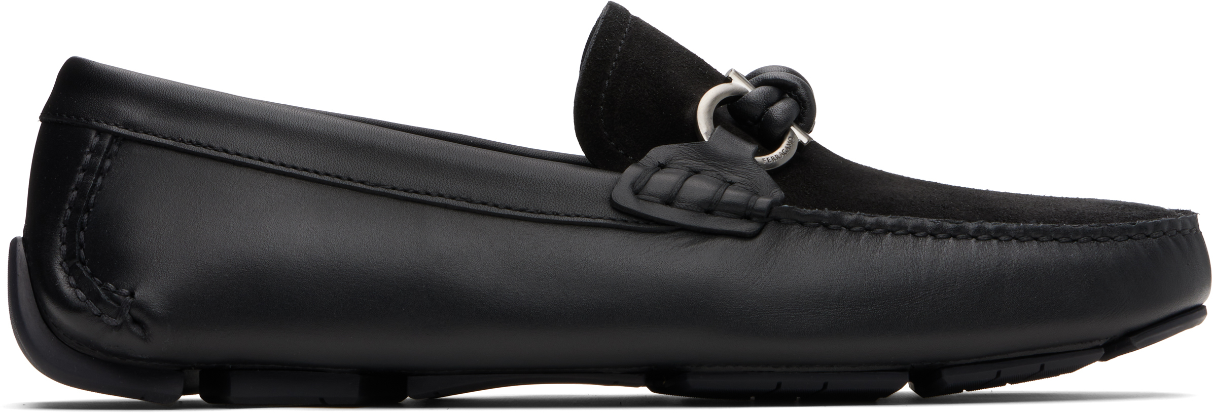 Ferragamo Black Gancini Buckle Driver Loafers